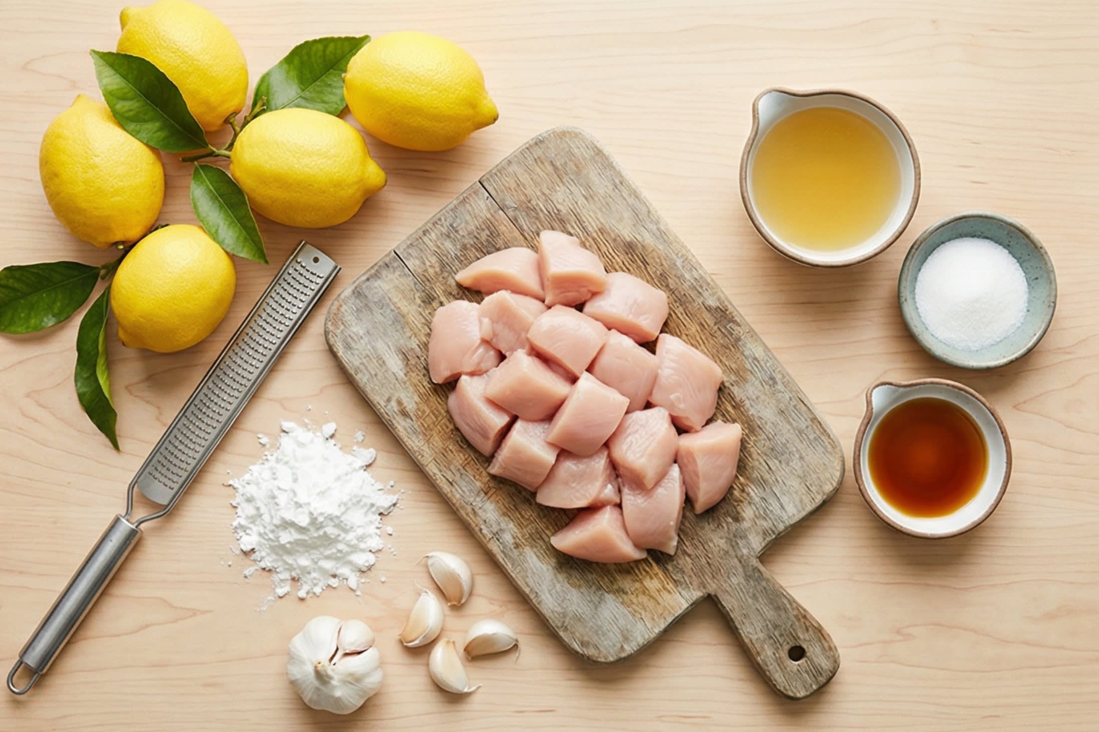 A beautiful flat lay of fresh ingredients on a wooden board: raw boneless chicken breasts cut into large chunks, several bright, vibrant fresh lemons, a metal microplane zester, pure white cornstarch, and small aesthetic ceramic dipping dishes containing sugar, clear chicken broth, and light soy sauce.