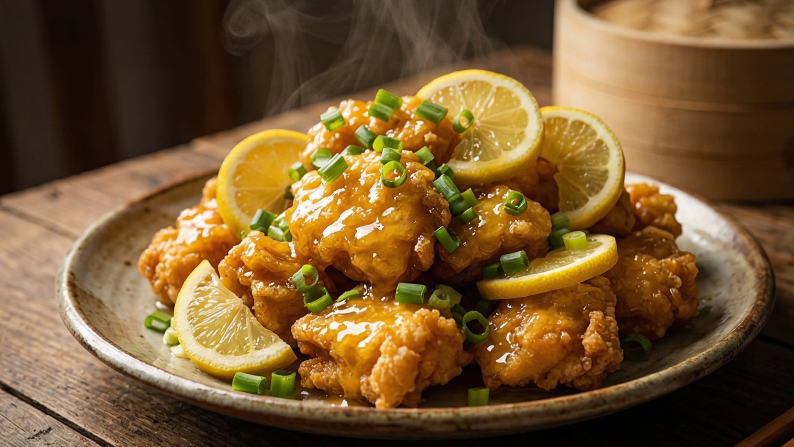 A breathtaking, high-definition close-up of a rustic ceramic plate piled high with incredibly crispy, golden-fried chunks of Chinese Lemon Chicken. The chicken is drenched in a beautiful, translucent, bright yellow and highly glossy lemon glaze. Fresh, vibrant lemon wheels and bright green chopped scallions garnish the dish. Hot, appetizing steam is gently rising in the warm, cinematic lighting.
