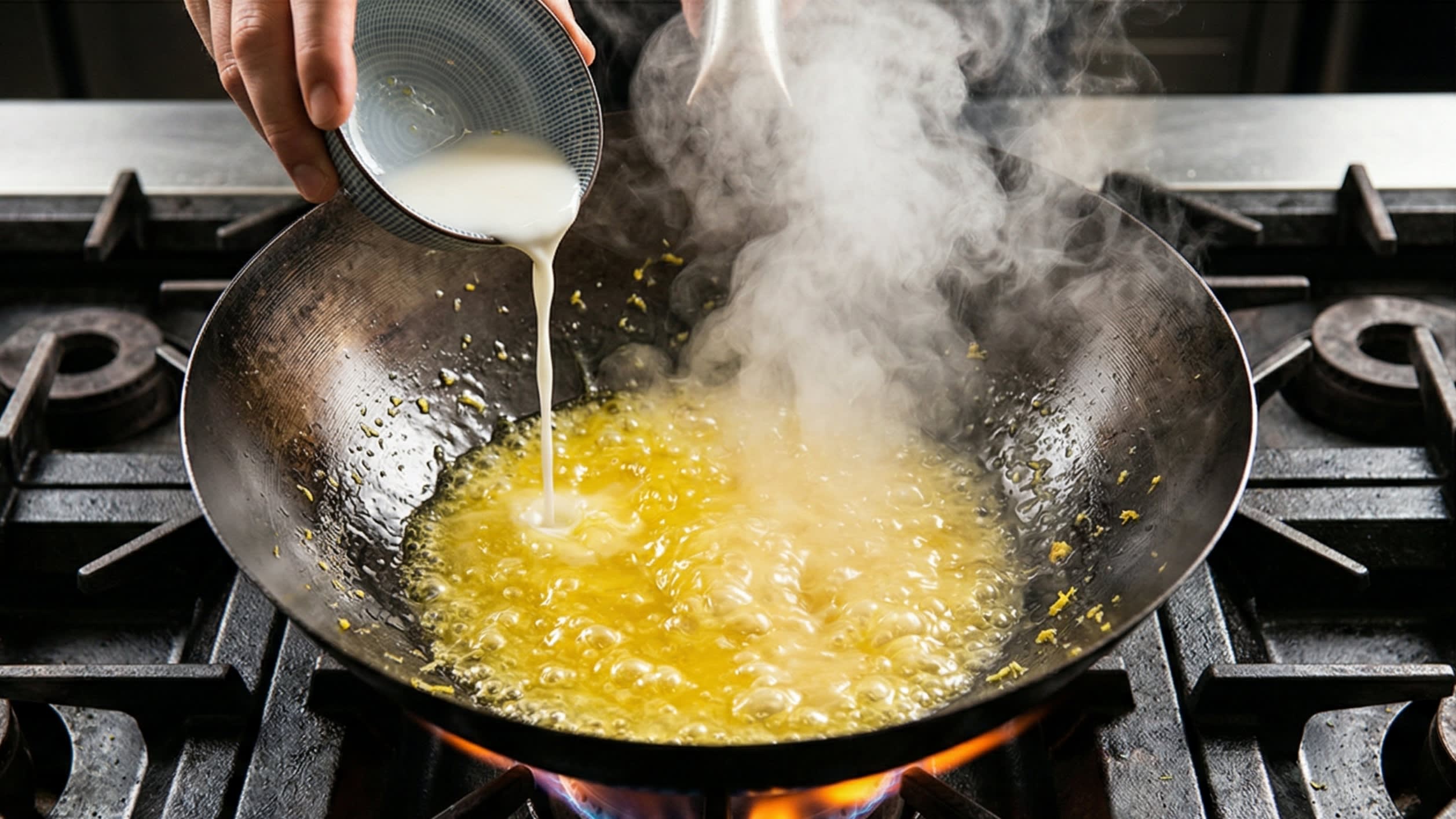 A dynamic action food photography shot looking directly down into a hot, traditional carbon steel wok over a bright flame. The translucent, bright yellow lemon glaze is bubbling furiously. A chef is pouring a thin, milky white cornstarch slurry into the boiling sauce, and it is miraculously thickening into a rich, highly glossy glaze.