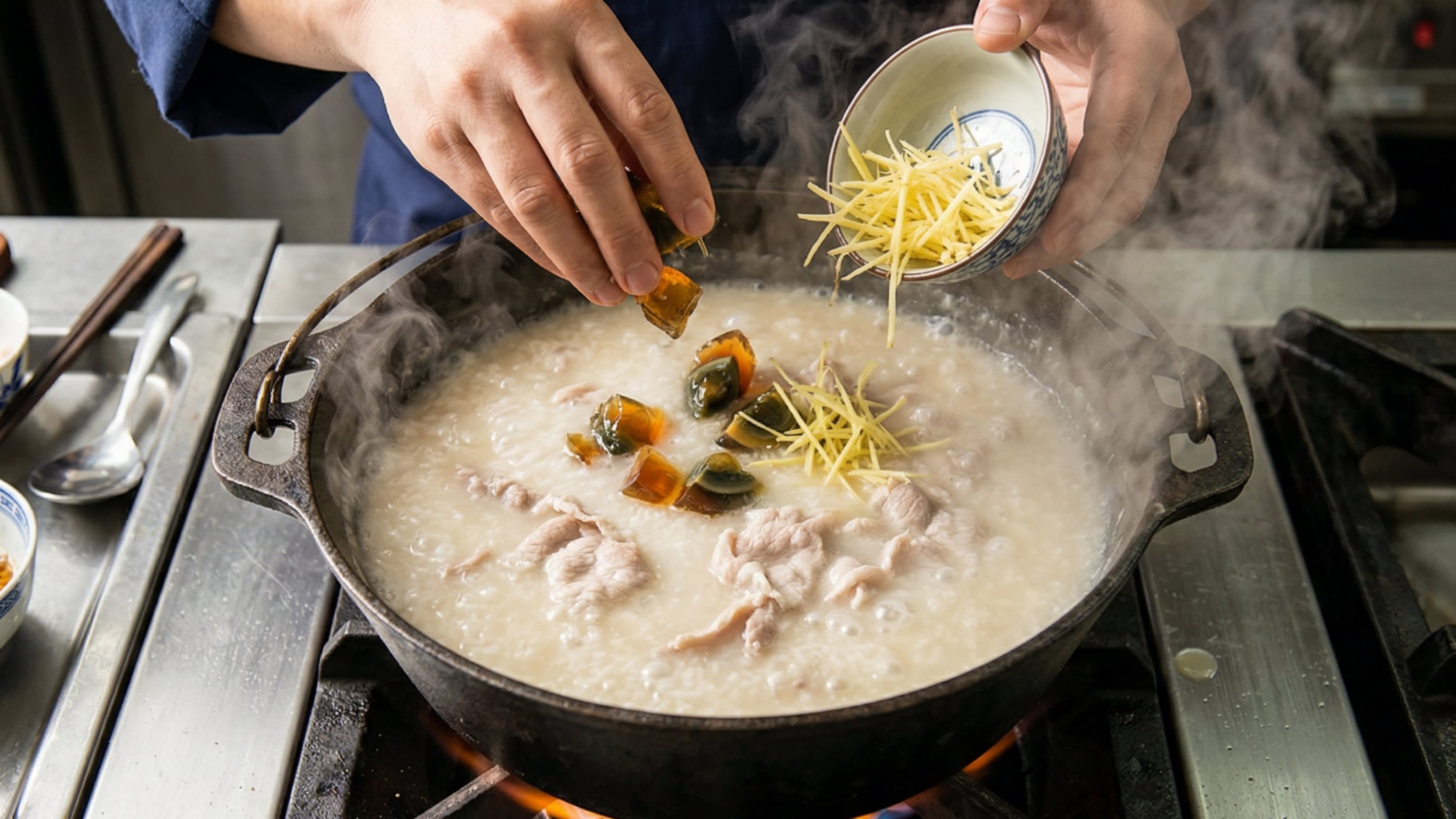 A vibrant action food photography shot looking down at the pot of simmering congee. A chef is dropping the remaining chunks of amber-colored century egg and fine, hair-like julienned ginger threads into the creamy, bubbling rice porridge. The tender pork slices are already visible in the thick soup.