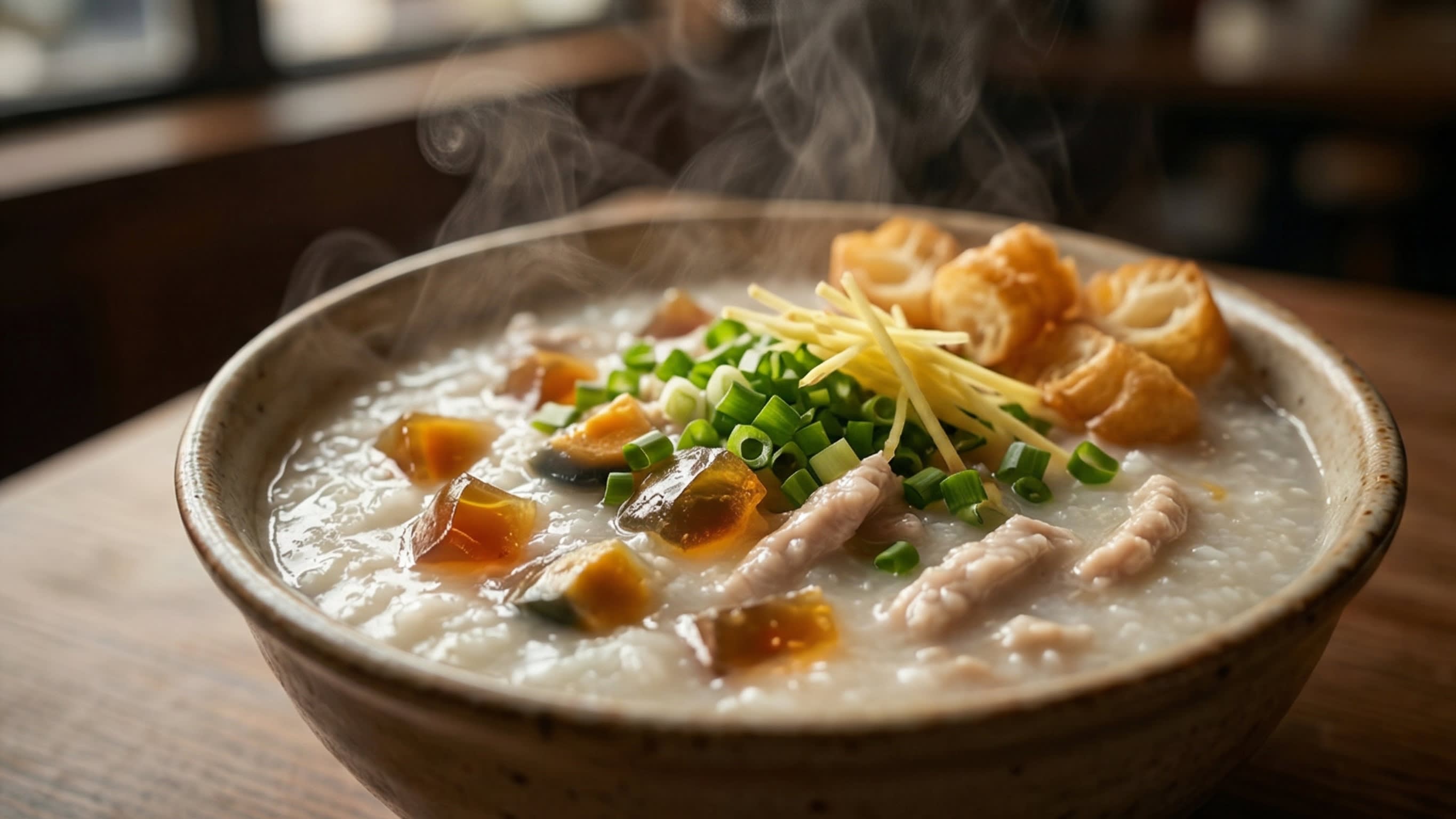 A breathtaking, high-definition close-up of a steaming, rustic ceramic bowl filled with authentic Cantonese Century Egg and Pork Congee. The rice porridge is incredibly creamy, silky, and thick. It is studded with translucent, amber-colored chunks of century egg, dark creamy yolks, and tender strips of pork. The bowl is beautifully garnished with vibrant green chopped scallions, julienned ginger, and crispy golden pieces of Youtiao (Chinese fried dough). Hot, comforting steam is gently rising.