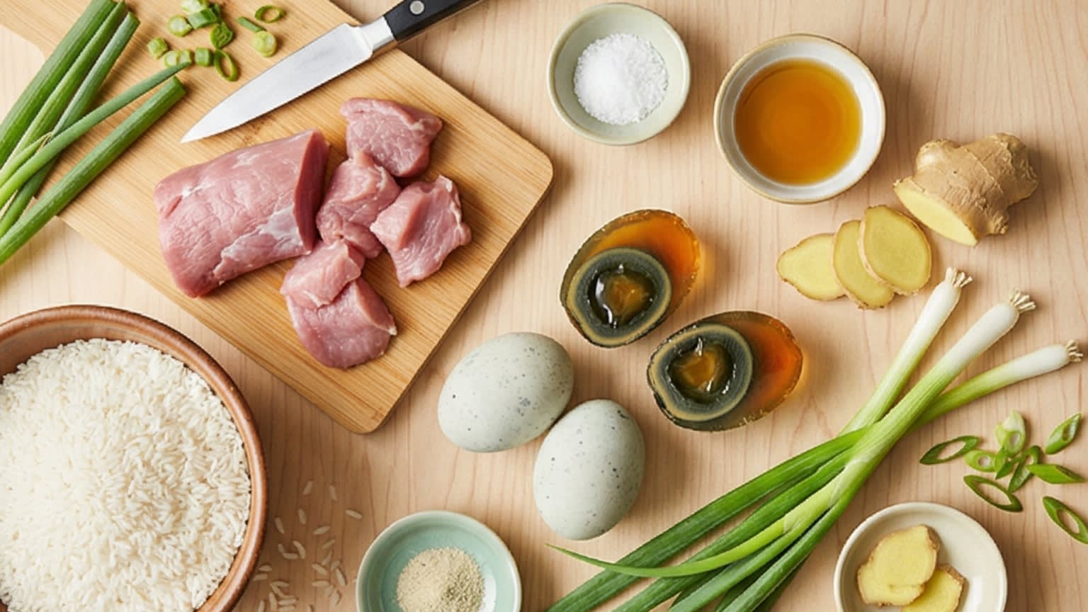 A beautiful flat lay of fresh ingredients on a wooden board: a bowl of white Jasmine rice, a raw piece of lean pork tenderloin, two unpeeled Century Eggs (covered in speckled shells) and one peeled, translucent amber Century Egg cut in half. Fresh ginger, vibrant green scallions, and small ceramic bowls containing salt, white pepper, and sesame oil surround the ingredients.