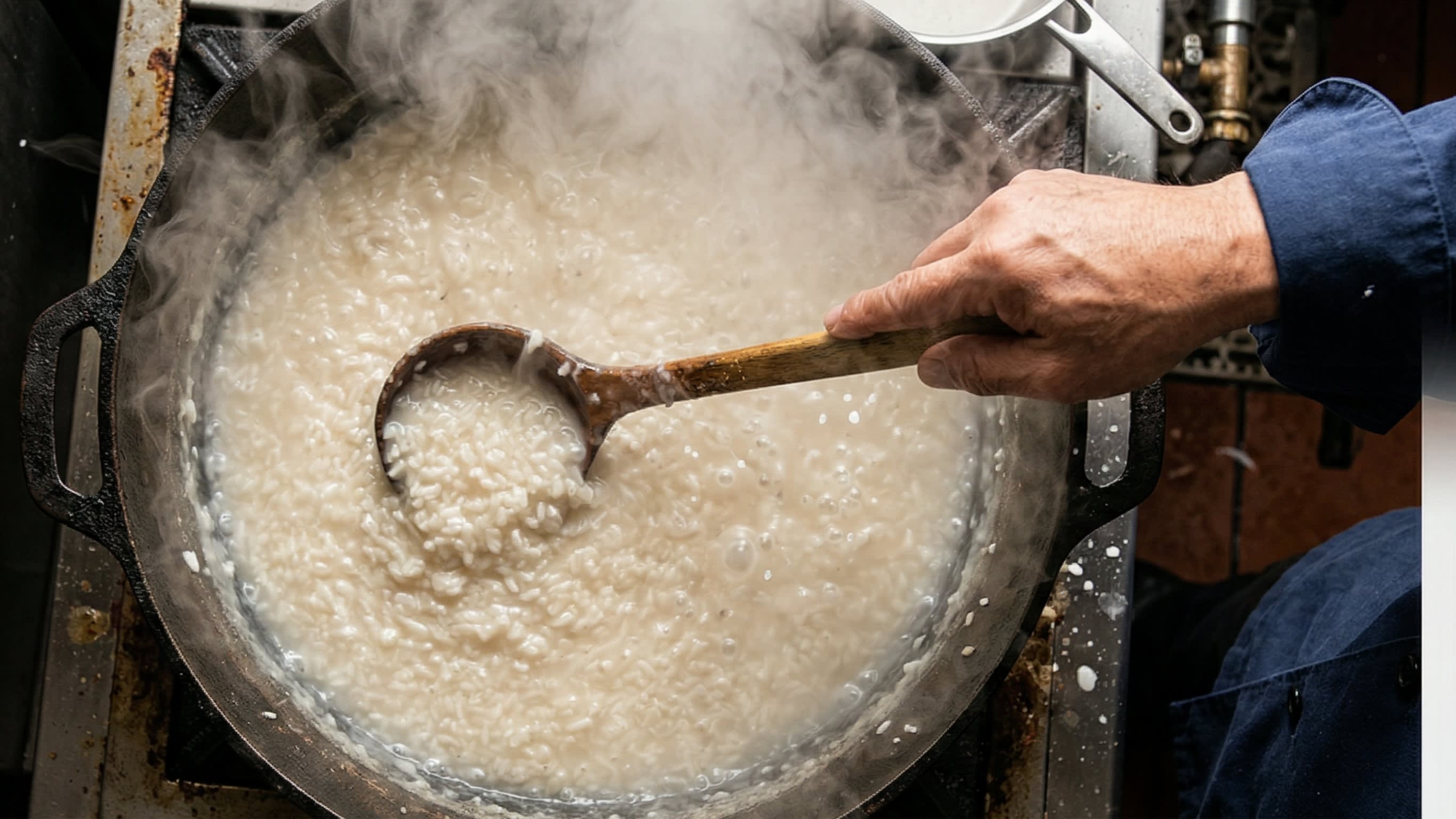 A dynamic close-up action shot looking directly down into a heavy Dutch oven. A chef is using a wooden ladle to stir the vigorously boiling, creamy, milky-white congee. The rice grains are visibly broken down and blossoming, creating a thick, velvety texture. Steam is rising dramatically.
