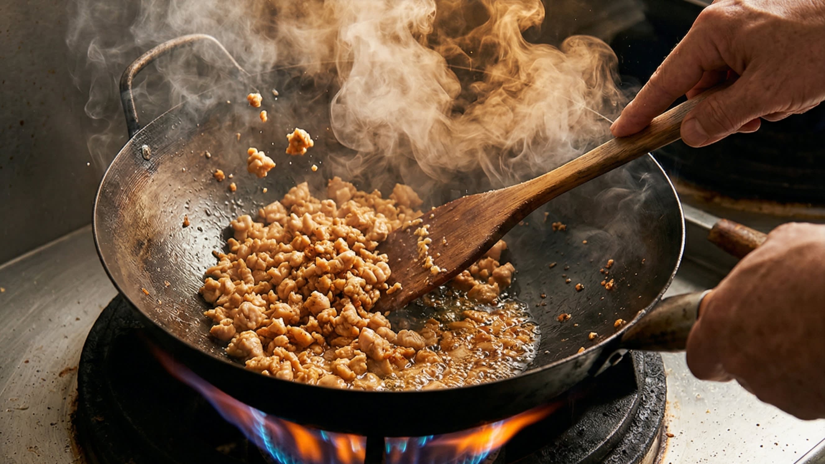 A dynamic close-up action shot looking down into a hot, well-seasoned carbon steel wok. A chef is using a wooden spatula to aggressively dry-fry finely minced chicken. The moisture has evaporated, and the tiny chunks of chicken are visibly sizzling in their own fat, turning a beautiful, appetizing, caramelized golden-brown. High heat, plumes of smoke.
