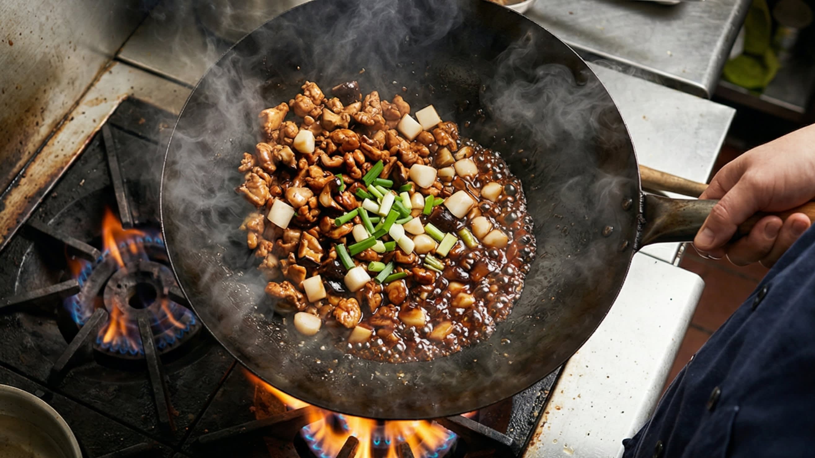 A vibrant action food photography shot looking directly down into a hot, traditional carbon steel wok over a bright flame. A chef is tossing the deeply browned, caramelized minced chicken with diced shiitake mushrooms and white water chestnuts. The thick, dark, glossy Hoisin and oyster sauce glaze is perfectly coating the meat. Hot steam is rising dramatically.