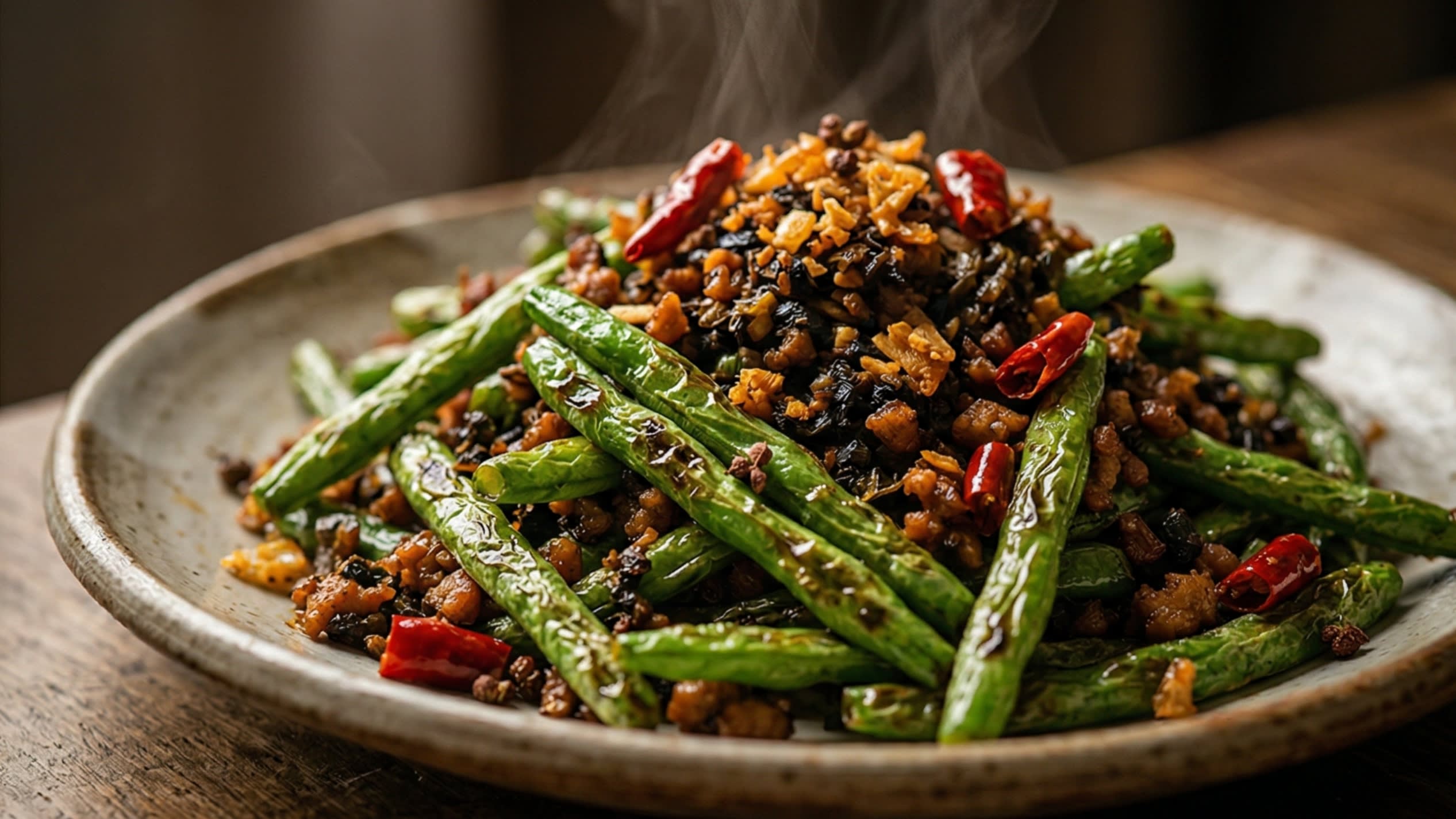 A breathtaking, high-definition close-up of a rustic ceramic plate piled high with authentic Sichuan Dry Fried Green Beans. The bright green beans are beautifully blistered and shriveled, heavily coated in a dark, incredibly savory mixture of caramelized minced pork, tiny black fermented mustard greens (Ya Cai), crispy fried garlic, and bright red dried chilies. Hot, appetizing steam is gently rising in the warm, cinematic lighting.