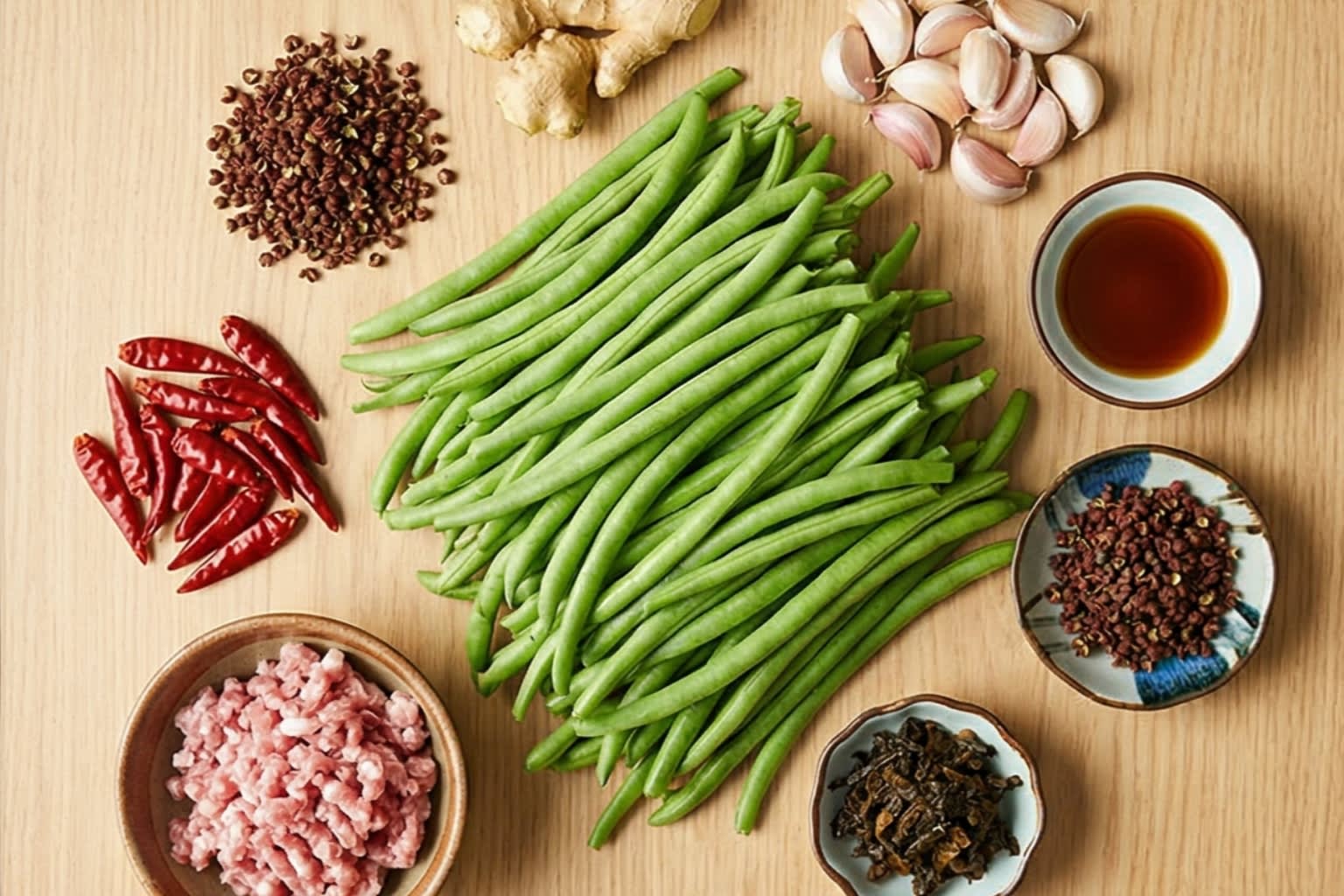 A beautiful flat lay of fresh ingredients on a wooden board: a massive pile of vibrant, fresh green beans with the ends snapped off, a small bowl of raw minced pork, fiery red dried chilies, whole Sichuan peppercorns, fresh garlic cloves, ginger, and small ceramic bowls containing dark, earthy Sui Mi Ya Cai (fermented mustard greens) and light soy sauce.