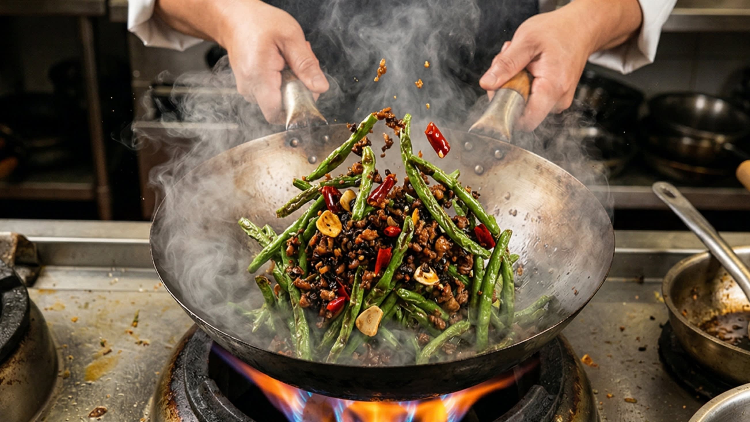 A vibrant action food photography shot looking directly down into a hot, traditional carbon steel wok over a bright flame. A chef is aggressively tossing the beautifully blistered, wrinkly green beans with the intensely dark, savory mixture of caramelized minced pork, tiny black fermented mustard greens, crispy garlic, and bright red dried chilies. Hot steam is rising dramatically.