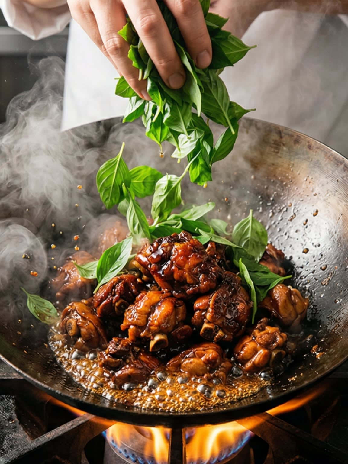 A vibrant action food photography shot looking directly down into a hot, traditional carbon steel wok. A chef is dropping a massive, vibrant green handful of fresh Thai Basil leaves directly onto a pile of deeply caramelized, dark mahogany bone-in chicken chunks. The sticky sauce is visibly bubbling and sizzling fiercely at the bottom of the wok. Hot steam is rising dramatically.