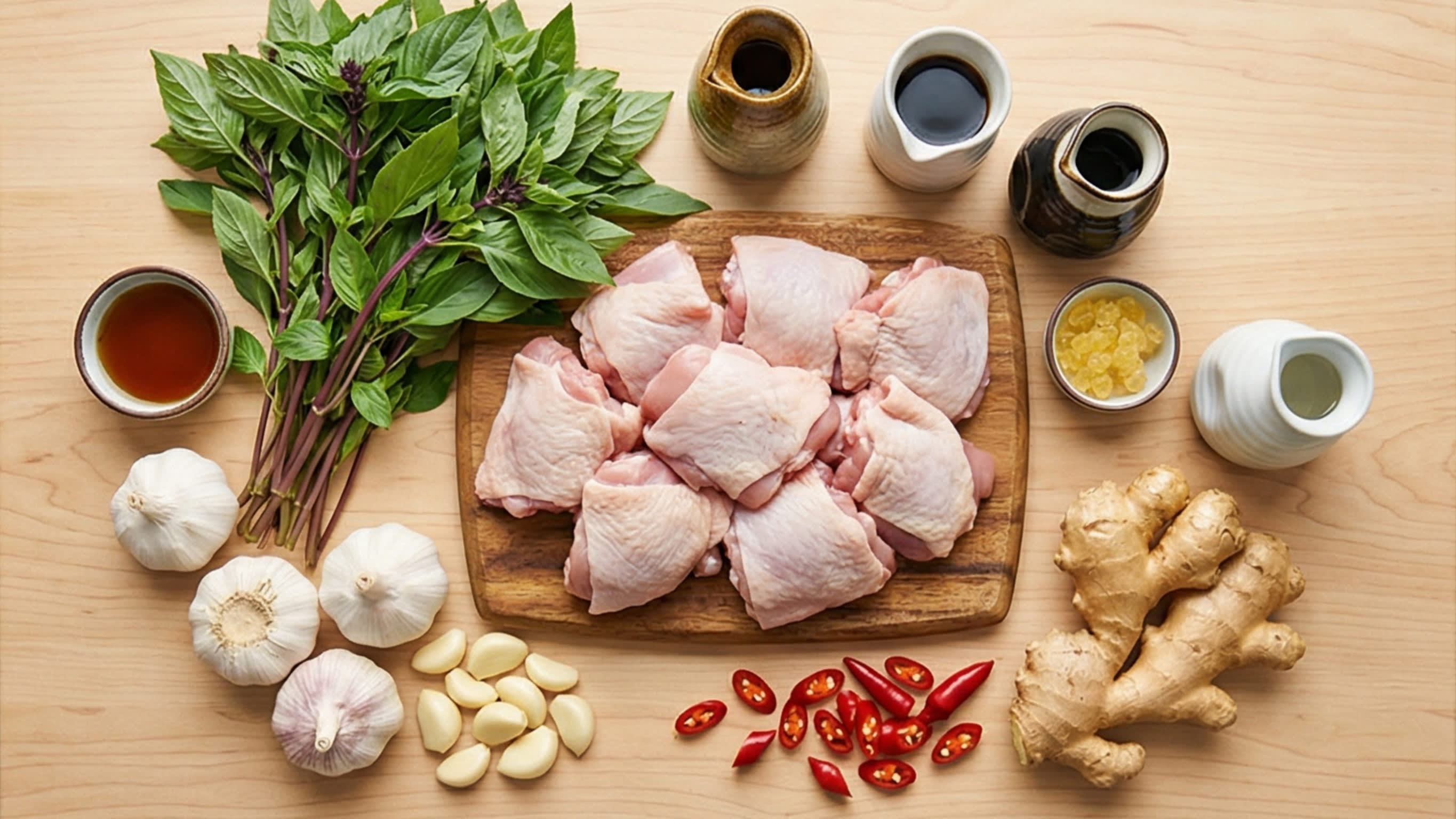 A beautiful flat lay of fresh ingredients on a wooden board: raw bone-in, skin-on chicken thighs cut into chunks, a massive bunch of fresh Thai Basil (Jiu Ceng Ta) with distinct purple stems, whole heads of garlic with peeled cloves, a large hand of fresh ginger, and small aesthetic ceramic bottles containing dark toasted sesame oil, light soy sauce, dark soy sauce, and clear rice wine.