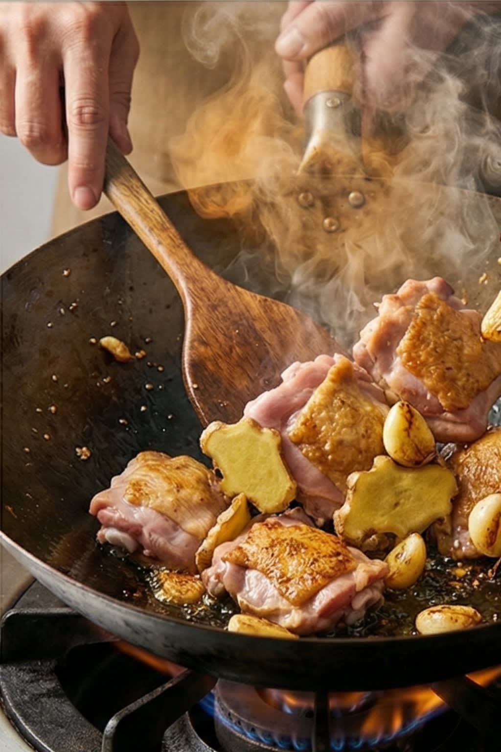A dynamic close-up action food photography shot looking down into a hot carbon steel wok. A chef is using a wooden spatula to sear chunks of bone-in, skin-on chicken thighs. Among the chicken are massively thick slices of ginger and whole, golden, blistered garlic cloves sizzling in fragrant sesame oil. The chicken skin is turning a beautiful golden brown.