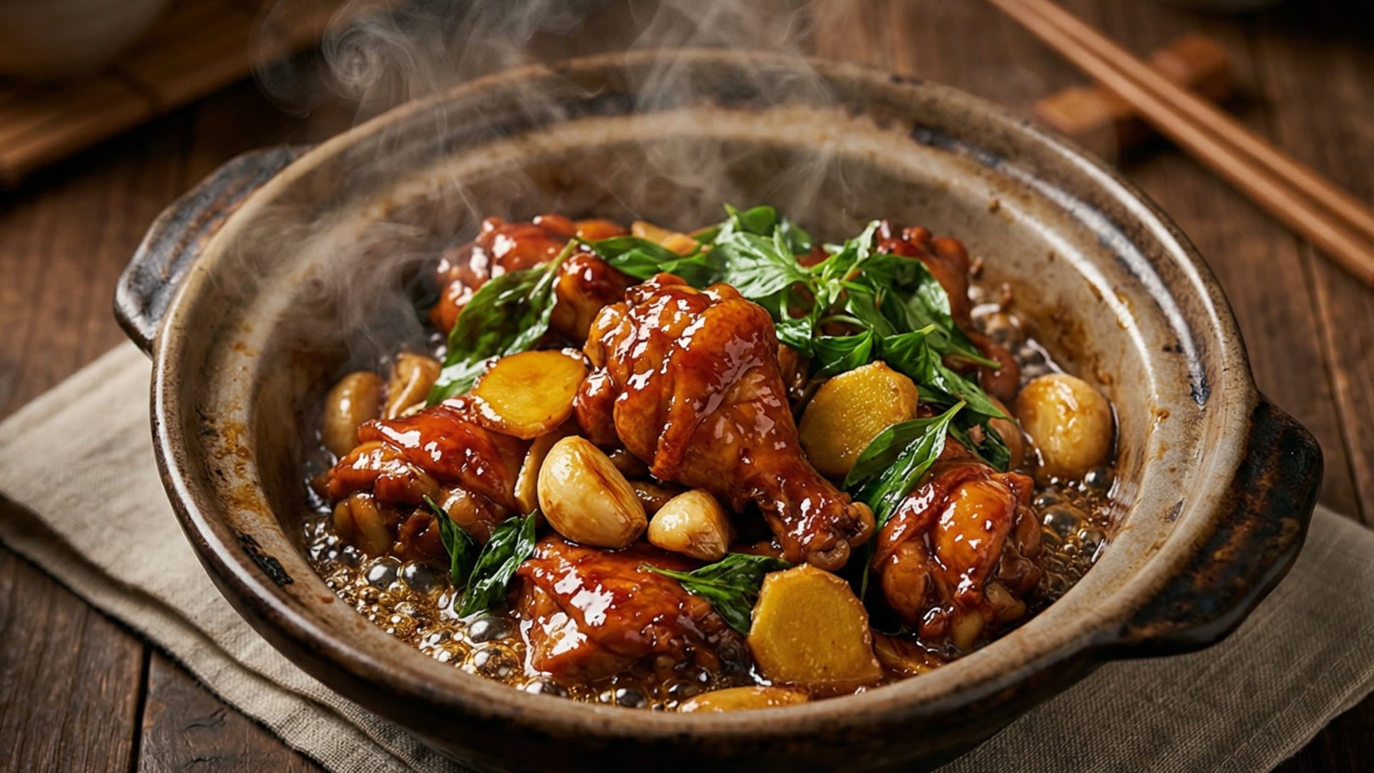 A breathtaking, high-definition close-up of a sizzling, rustic traditional Chinese claypot filled with authentic Taiwanese Three Cup Chicken. The bone-in chicken pieces are heavily coated in a thick, sticky, dark mahogany caramelized glaze. The dish is loaded with massive golden-brown whole garlic cloves, thick slices of caramelized ginger, and a massive handful of vibrant green, slightly wilted Thai Basil leaves. Hot, highly aromatic steam is rising dramatically in the warm, cinematic lighting.