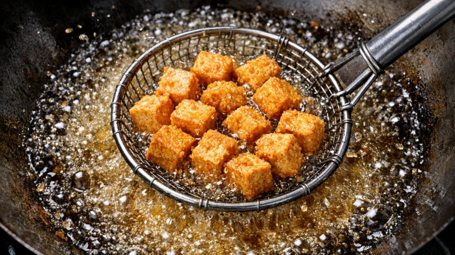A dynamic close-up action food photography shot looking down into a hot, well-seasoned carbon steel wok. A chef is using a traditional metal Asian spider strainer to deep-fry perfectly cubed, starch-coated tofu in bubbling, intensely hot cooking oil. The tofu cubes are visibly turning a beautiful, appetizing bright golden-brown and developing a highly textured, craggy crust.