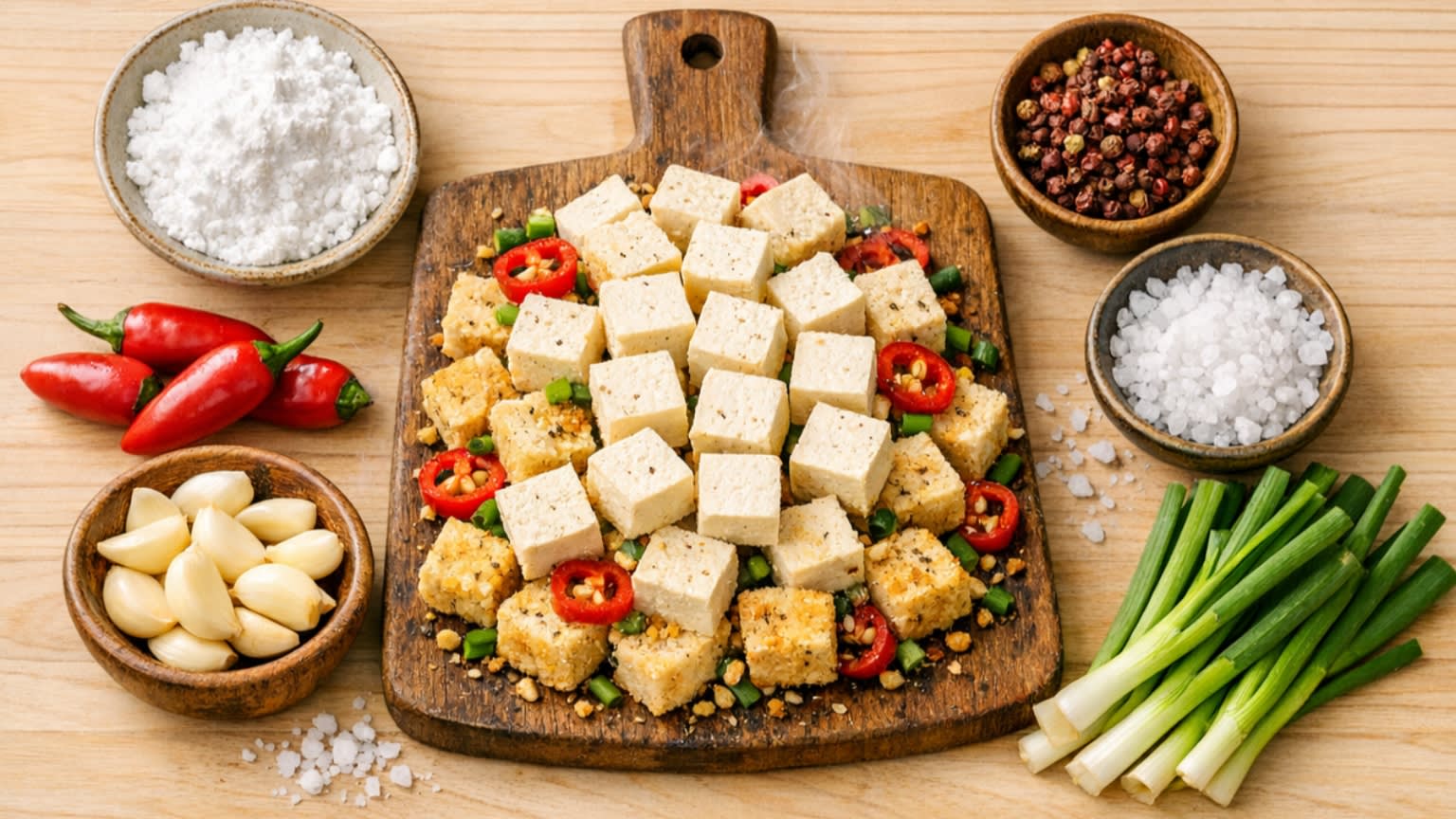 A beautiful flat lay of fresh ingredients on a wooden board: a pristine white block of pressed Firm Tofu (Lao Doufu) cut into perfect cubes, a mound of coarse white sweet potato starch, fiery red jalapeño peppers, fresh garlic cloves, vibrant green scallions, whole dark red Sichuan peppercorns, and coarse sea salt crystals.