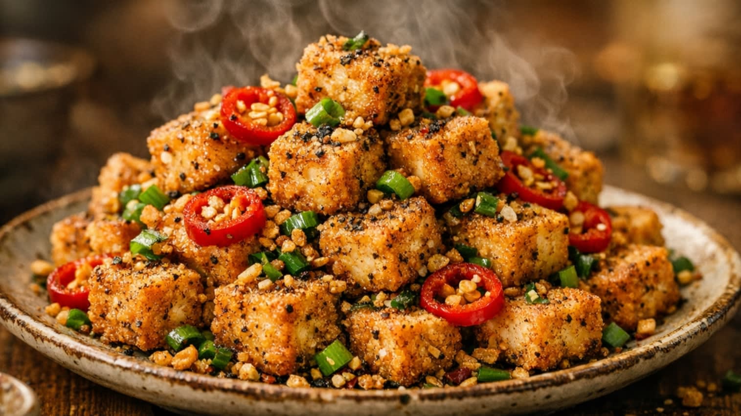 A breathtaking, high-definition close-up of a rustic ceramic plate piled high with authentic Chinese Salt and Pepper Tofu. The perfectly cubed tofu pieces feature a thick, golden-brown, shatteringly crisp, craggy crust. They are heavily dusted with a fragrant toasted salt and pepper spice blend, and beautifully tossed with vibrant bright red jalapeño rings, green chopped scallions, and golden fried minced garlic. Hot, appetizing steam is gently rising in the warm, cinematic lighting.