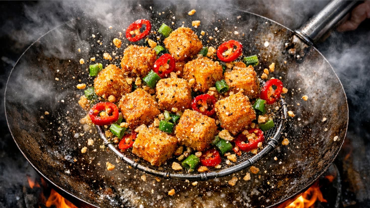 A vibrant action food photography shot looking directly down into a hot, traditional carbon steel wok over a bright roaring flame. A chef is aggressively tossing the golden, shatteringly crisp tofu cubes with golden fried garlic bits, bright red chili rings, and vibrant green scallions. A fine, visible dusting of the seasoned salt and pepper blend is flying through the air, perfectly coating the crispy tofu. Hot steam is rising dramatically.