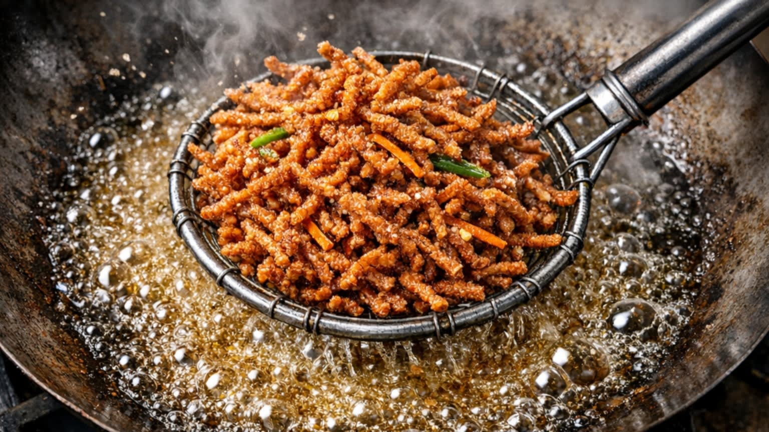 A dynamic close-up action food photography shot looking down into a hot, well-seasoned carbon steel wok. A chef is using a traditional metal Asian spider strainer to deep-fry hundreds of incredibly thin, cornstarch-coated matchsticks of beef in bubbling, intensely hot cooking oil. The beef shreds are turning a beautiful, appetizing golden-brown. Intense heat, appetizing steam.