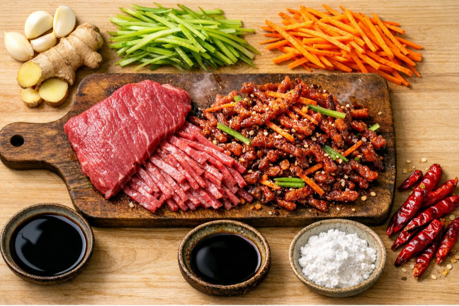 A beautiful flat lay of fresh ingredients on a wooden board: a piece of raw flank steak partially sliced into thin matchsticks, vibrant green celery shredded into long strips, bright orange julienned carrots, fresh garlic, ginger, dried red chilies, and small aesthetic ceramic dipping dishes containing dark soy sauce, Chinkiang black vinegar, and pure white cornstarch.