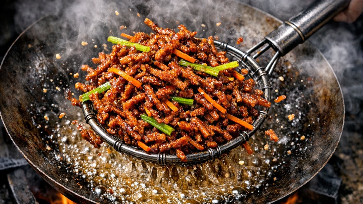 A vibrant action food photography shot looking directly down into a hot, traditional carbon steel wok over a bright roaring flame. A chef is aggressively tossing the dark golden, shatteringly crisp shredded beef with vibrant green celery and orange carrots. A thick, highly glossy, sticky ruby-red and dark mahogany glaze is perfectly coating the crispy beef. Hot steam is rising dramatically.