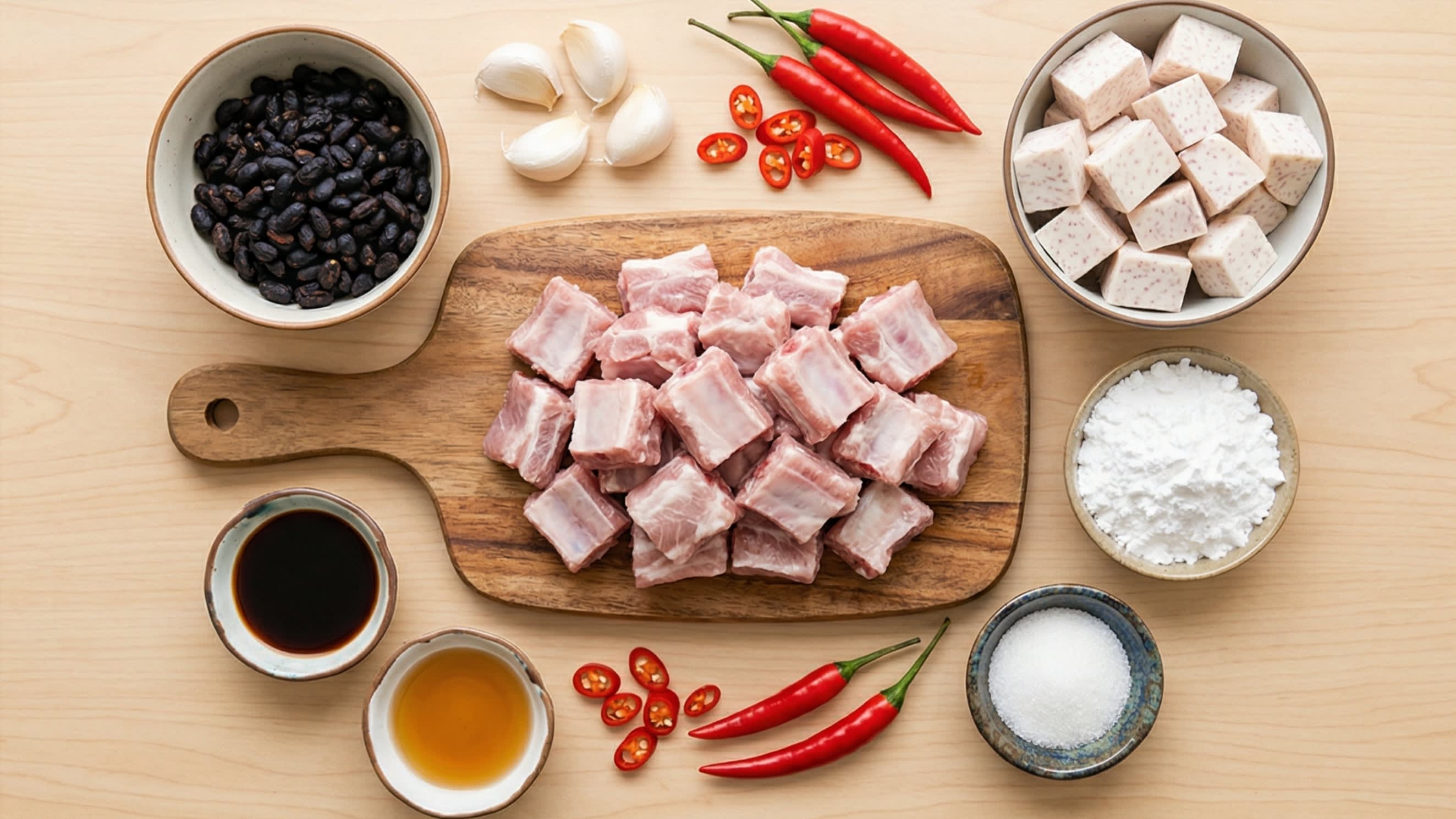 A beautiful flat lay of fresh ingredients on a wooden board: a mound of pale, thoroughly washed and dried bite-sized pork spare ribs, intensely dark fermented black beans, fresh garlic cloves, bright red chilies, peeled taro root, pure white potato starch, and small aesthetic ceramic dipping dishes containing light soy sauce, Shaoxing wine, and sugar.