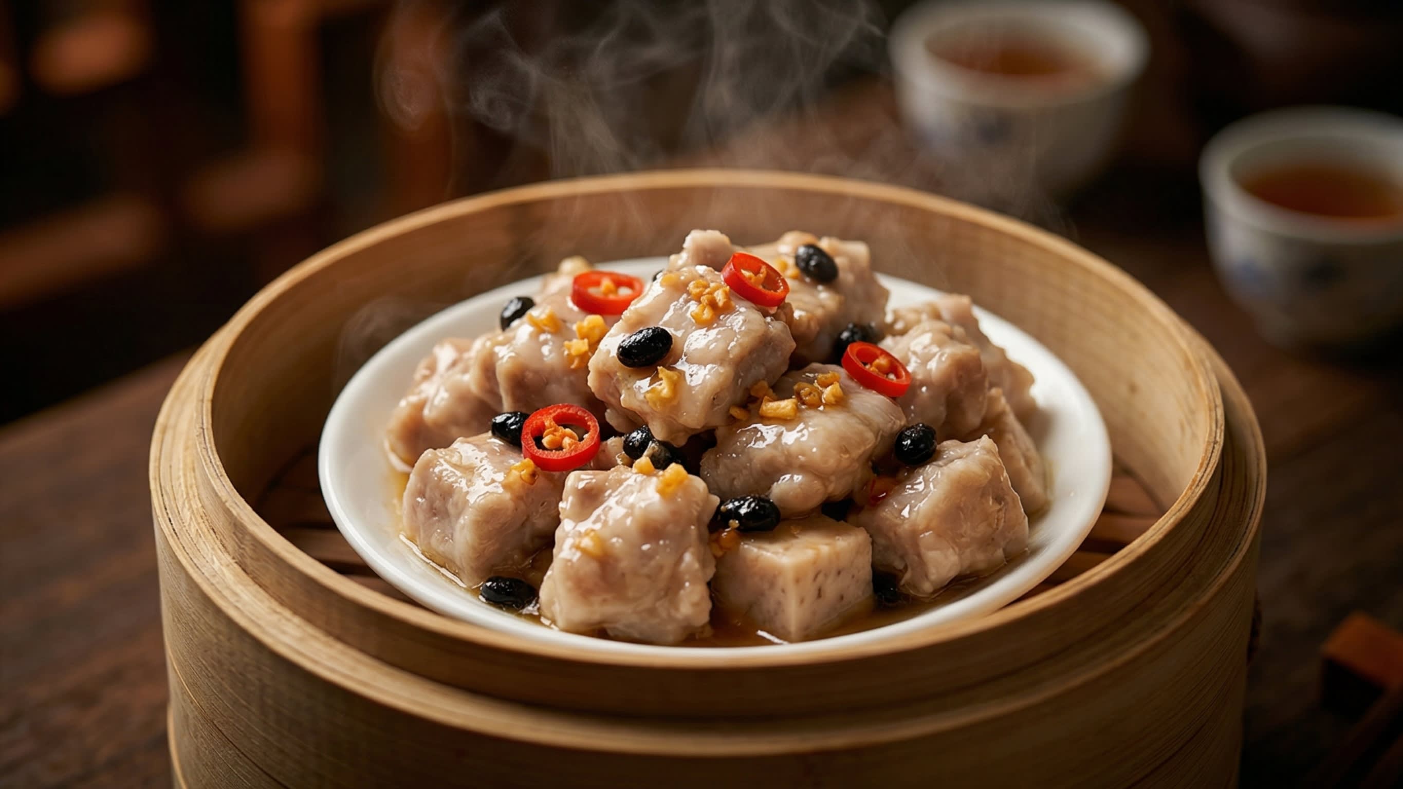 A breathtaking, high-definition close-up of a traditional bamboo steamer holding a small white ceramic plate filled with authentic Cantonese Steamed Pork Ribs with Black Bean Sauce. The bite-sized spare ribs are pale, glistening, and coated in a translucent, silky, savory glaze. They are speckled with intensely dark, savory fermented black beans, bright red chili rings, and minced garlic. Hidden beneath the ribs are soft, sauce-soaked cubes of taro root. Hot, appetizing steam is gently rising.