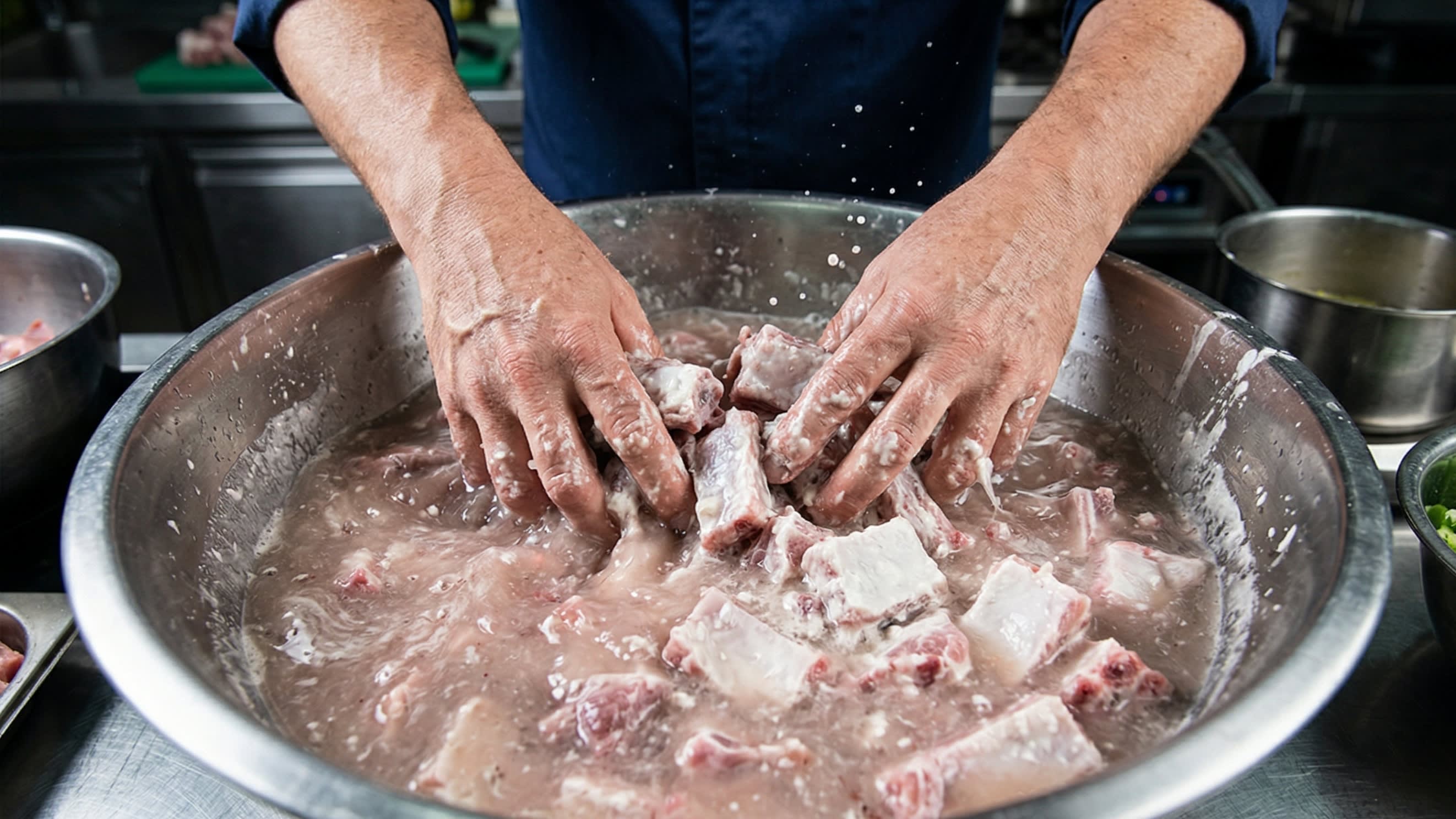 A dynamic close-up action food photography shot looking down into a stainless steel bowl. A chef's hands are vigorously massaging bite-sized pork spare ribs with a thick, white flour paste. The meat is visibly purging its impurities, and the contrast highlights the traditional Chinese meat purification technique.