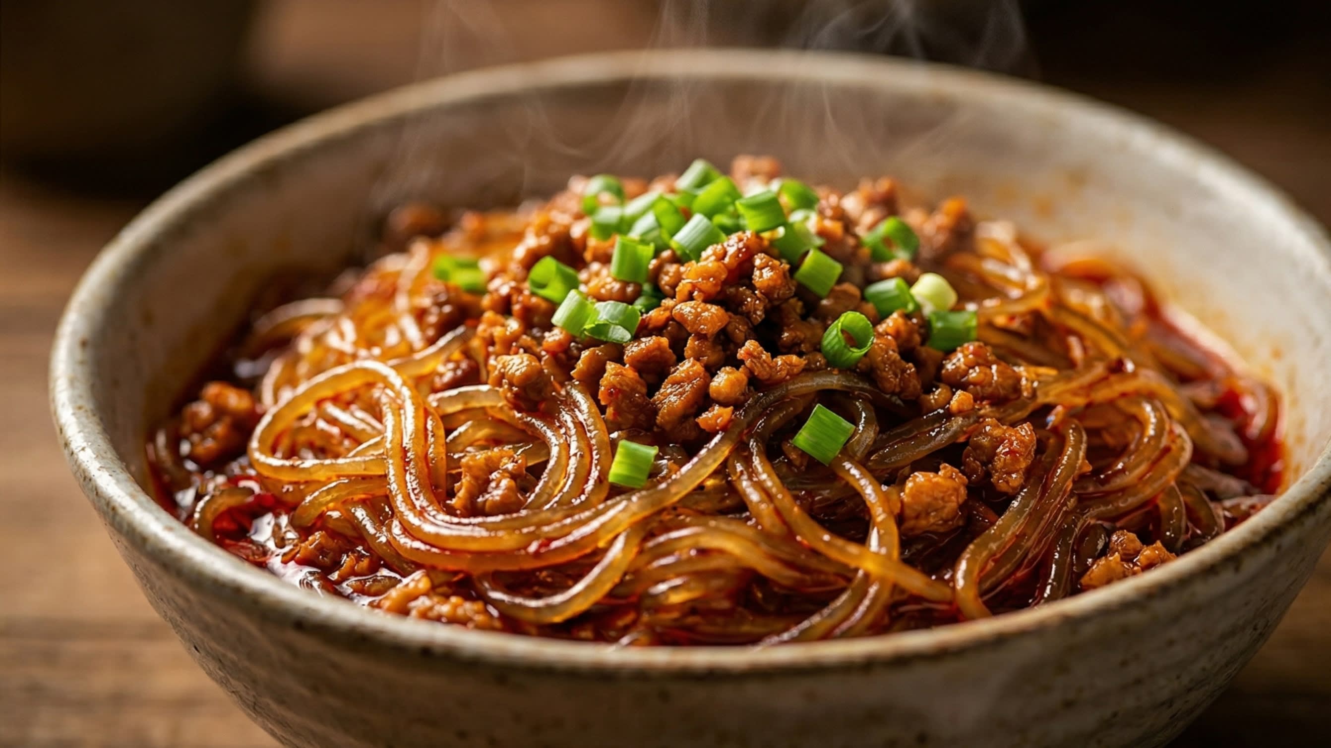 A breathtaking, high-definition close-up of a rustic ceramic bowl filled with steaming authentic Sichuan "Ants Climbing a Tree" (Ma Yi Shang Shu). The translucent, glossy glass noodles are perfectly coated in a rich, fiery red chili oil sauce. Finely minced, deeply caramelized dark pork clings perfectly to the noodles like tiny ants on a branch. The dish is garnished with vibrant bright green scallions. Hot, appetizing steam is gently rising in the warm, cinematic lighting.
