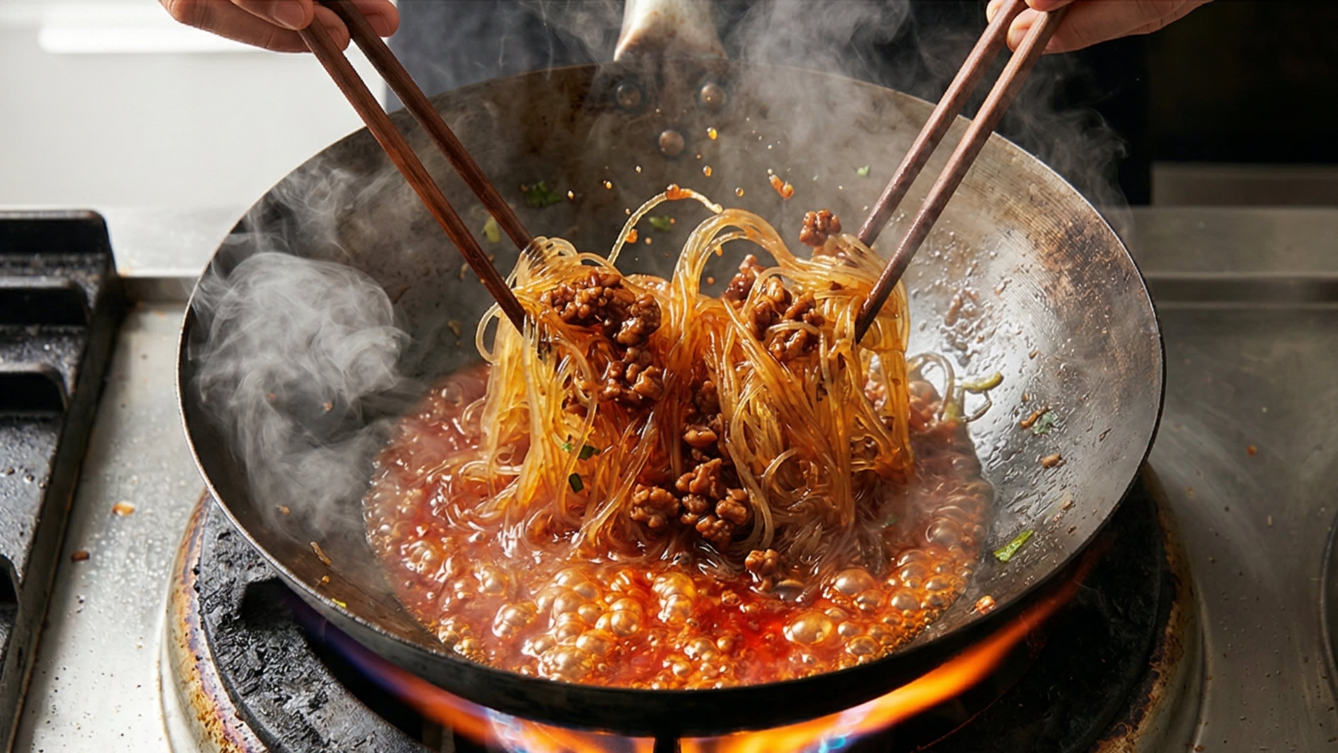 A vibrant action food photography shot looking directly down into a hot, traditional carbon steel wok over a bright flame. A chef is using chopsticks to toss glossy, translucent glass noodles in a bubbling, fiery red, intensely savory broth. The deeply browned minced pork is visibly sticking to the strands of the noodles. Hot steam is rising dramatically.