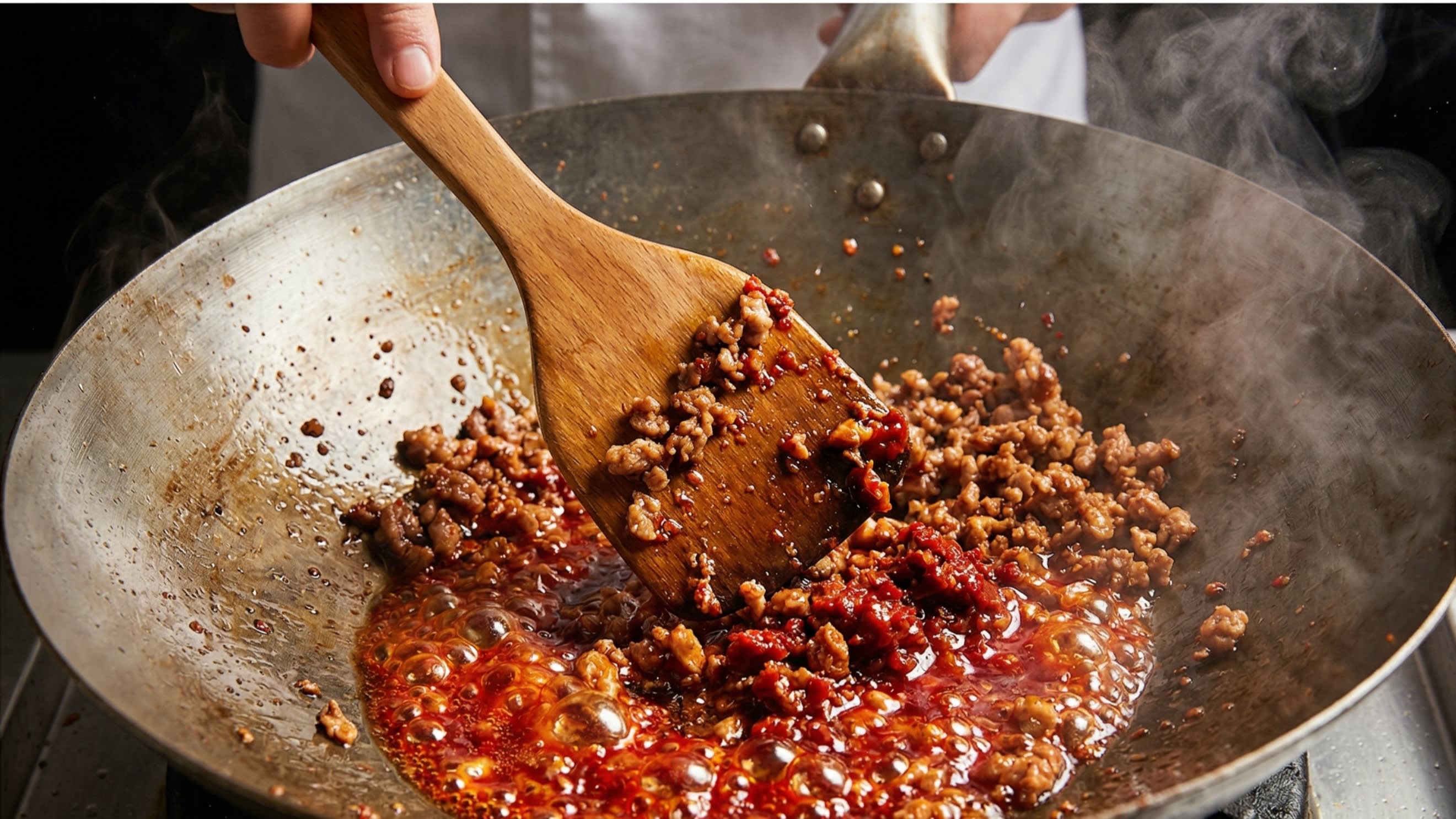 A dynamic close-up action food photography shot looking down into a hot, well-seasoned carbon steel wok. A chef is using a wooden spatula to sauté finely minced pork and fiery red Pixian Doubanjiang in bubbling hot oil. The oil is turning a brilliant, glowing ruby-red color, and the pork is heavily caramelized. Intense heat, appetizing steam rising from the wok.
