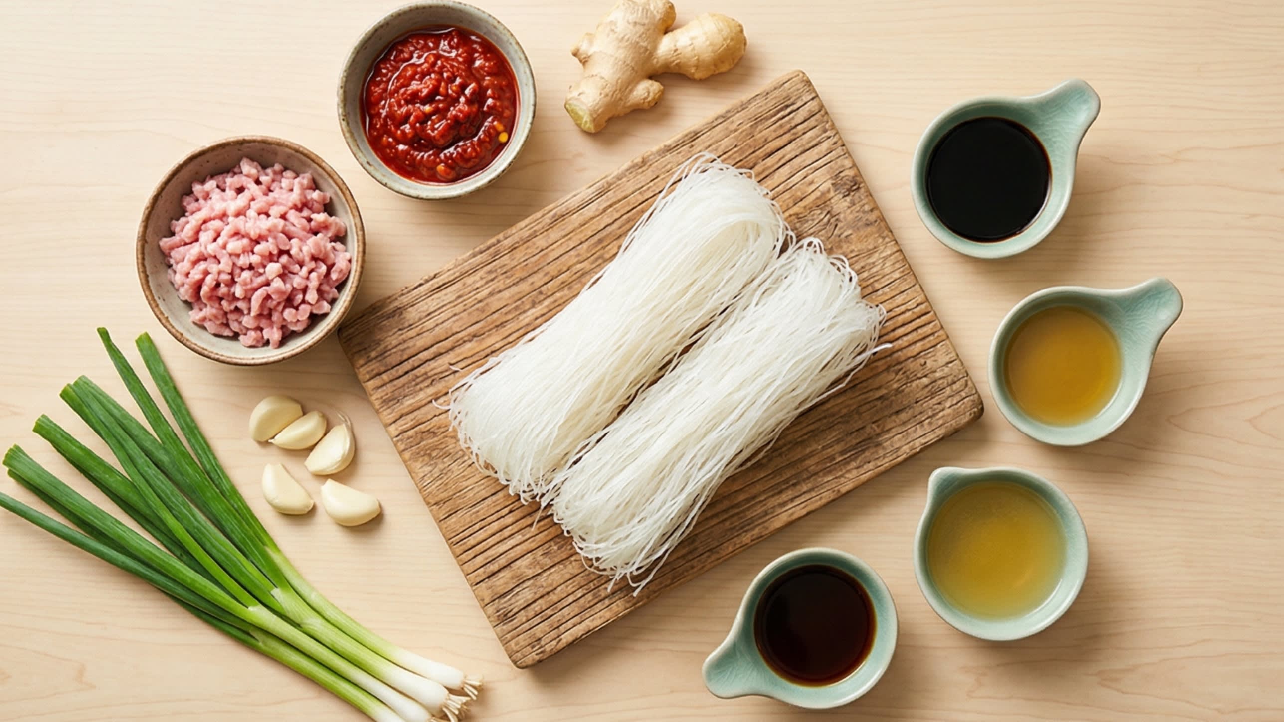 A beautiful flat lay of fresh ingredients on a wooden board: a bundle of dry, translucent white Mung Bean Glass Noodles (Fensi), a small rustic bowl of raw finely minced pork, fiery red Pixian Doubanjiang, fresh garlic cloves, ginger root, bright green scallions, and small ceramic dipping dishes containing dark soy sauce, light soy sauce, and clear chicken broth.