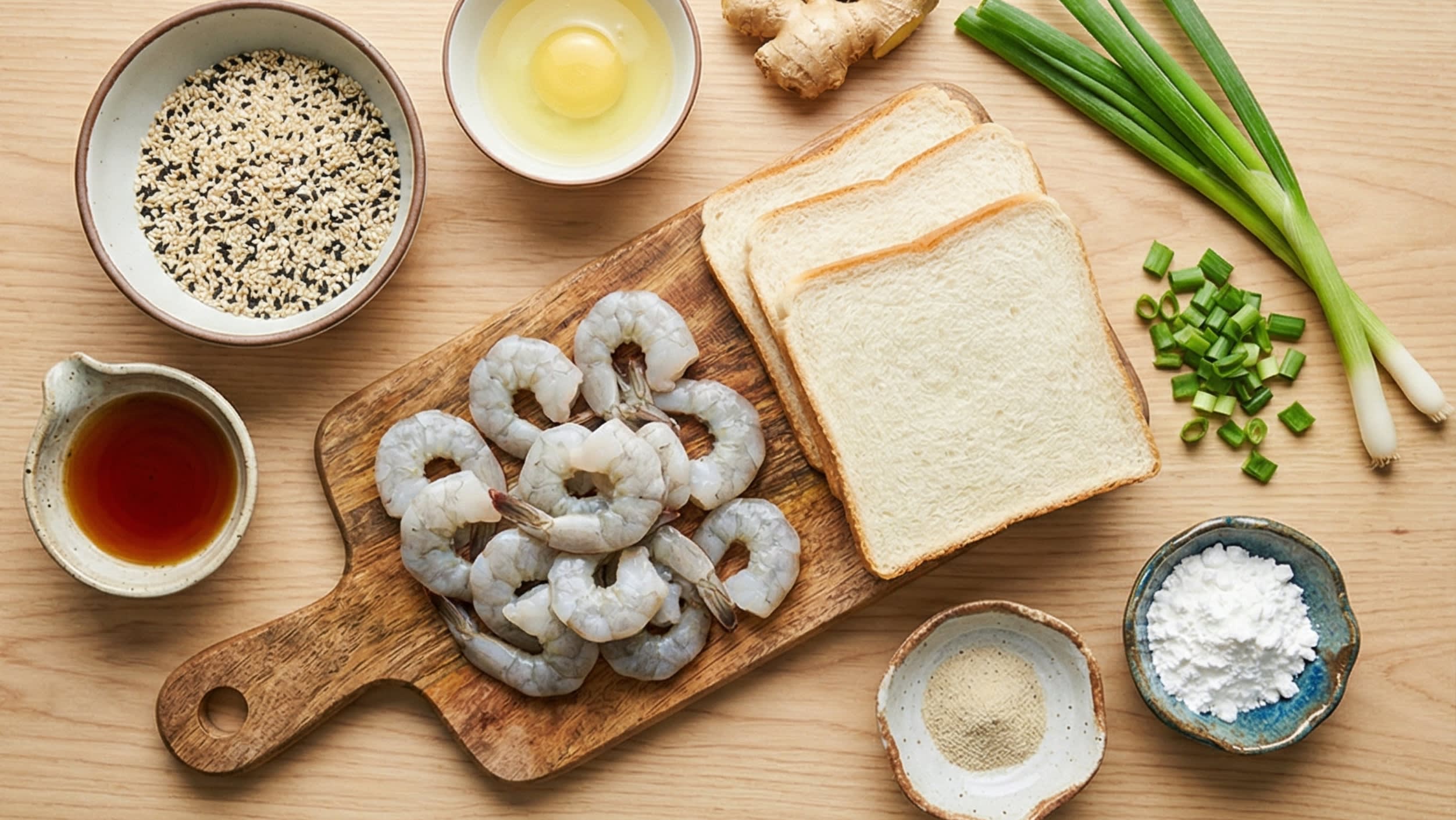 A beautiful flat lay of fresh ingredients on a wooden board: a mound of raw, peeled, and deveined grey shrimp, several slices of plain white sandwich bread with the crusts removed, a bowl of mixed white and black sesame seeds, an egg white, fresh ginger, scallions, and small ceramic dipping dishes containing Shaoxing wine, white pepper powder, and cornstarch.