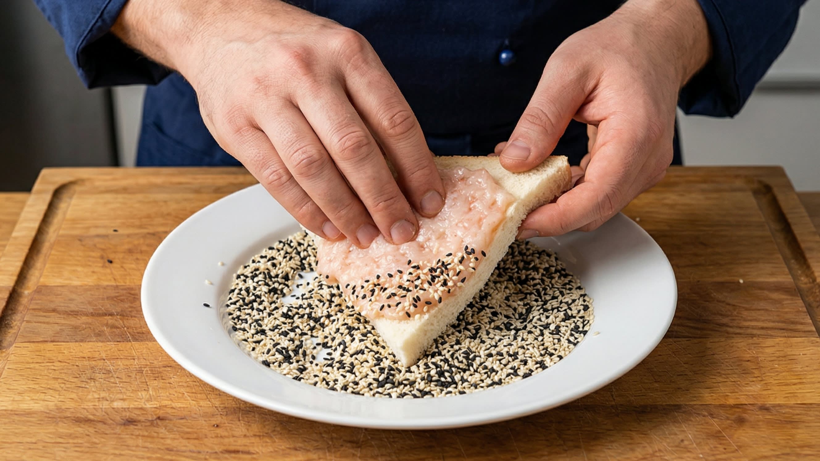 A vibrant action food photography shot looking directly down at a wooden cutting board. A chef is firmly pressing a triangle of white bread, heavily coated with thick pink shrimp paste, directly face-down into a wide plate filled with a dense mixture of white and black toasted sesame seeds. The seeds are perfectly adhering to the sticky shrimp mixture.