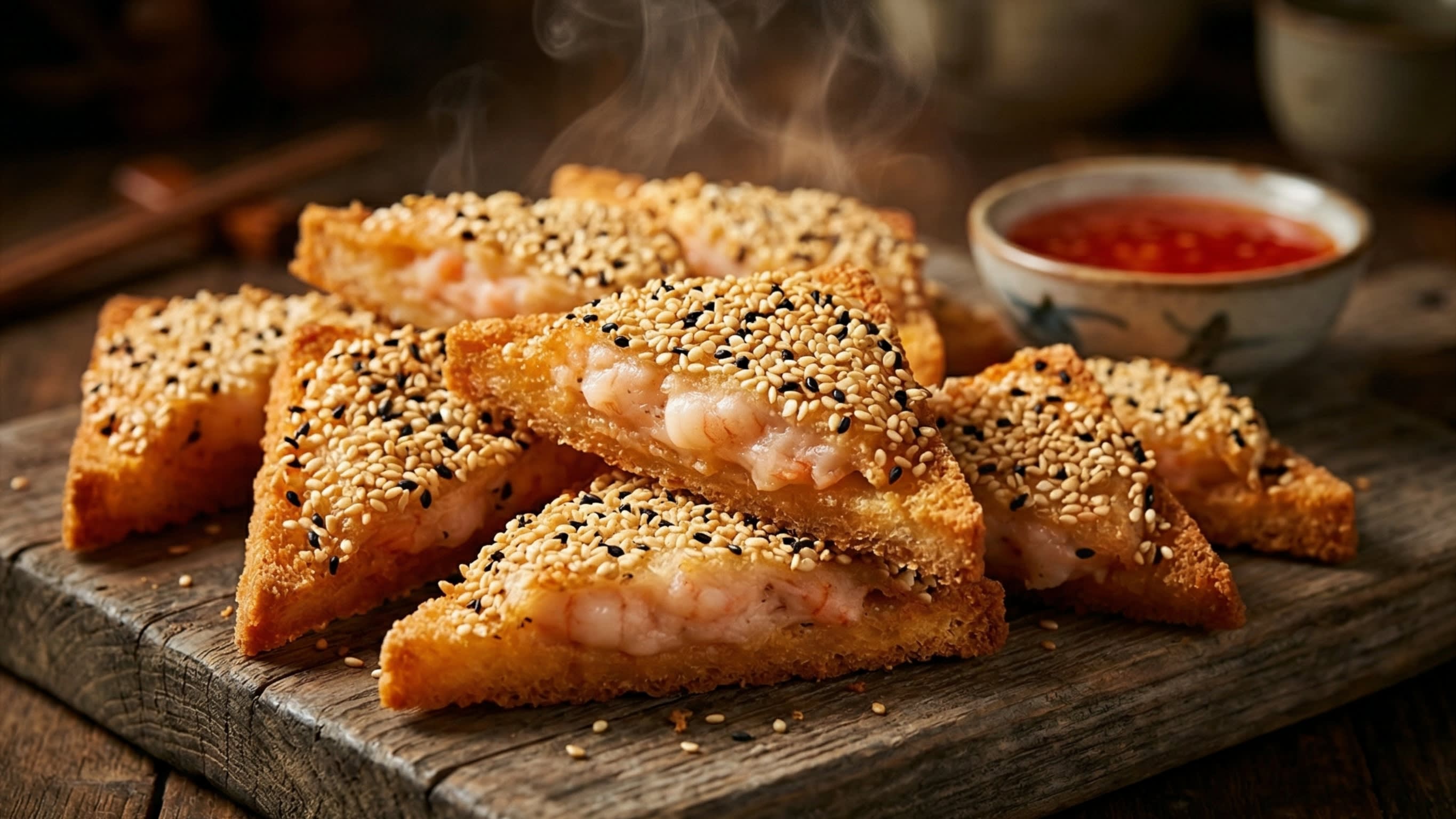 A breathtaking, high-definition close-up of a rustic wooden serving board piled high with perfectly golden-fried Chinese Shrimp Toast. The triangular pieces of toast are visibly shatteringly crisp and completely greaseless. They are topped with a thick, plump, slightly pink layer of savory shrimp paste and heavily encrusted with toasted white and black sesame seeds. A small aesthetic ceramic bowl of bright red sweet chili sauce sits in the background. Hot, appetizing steam is gently rising.