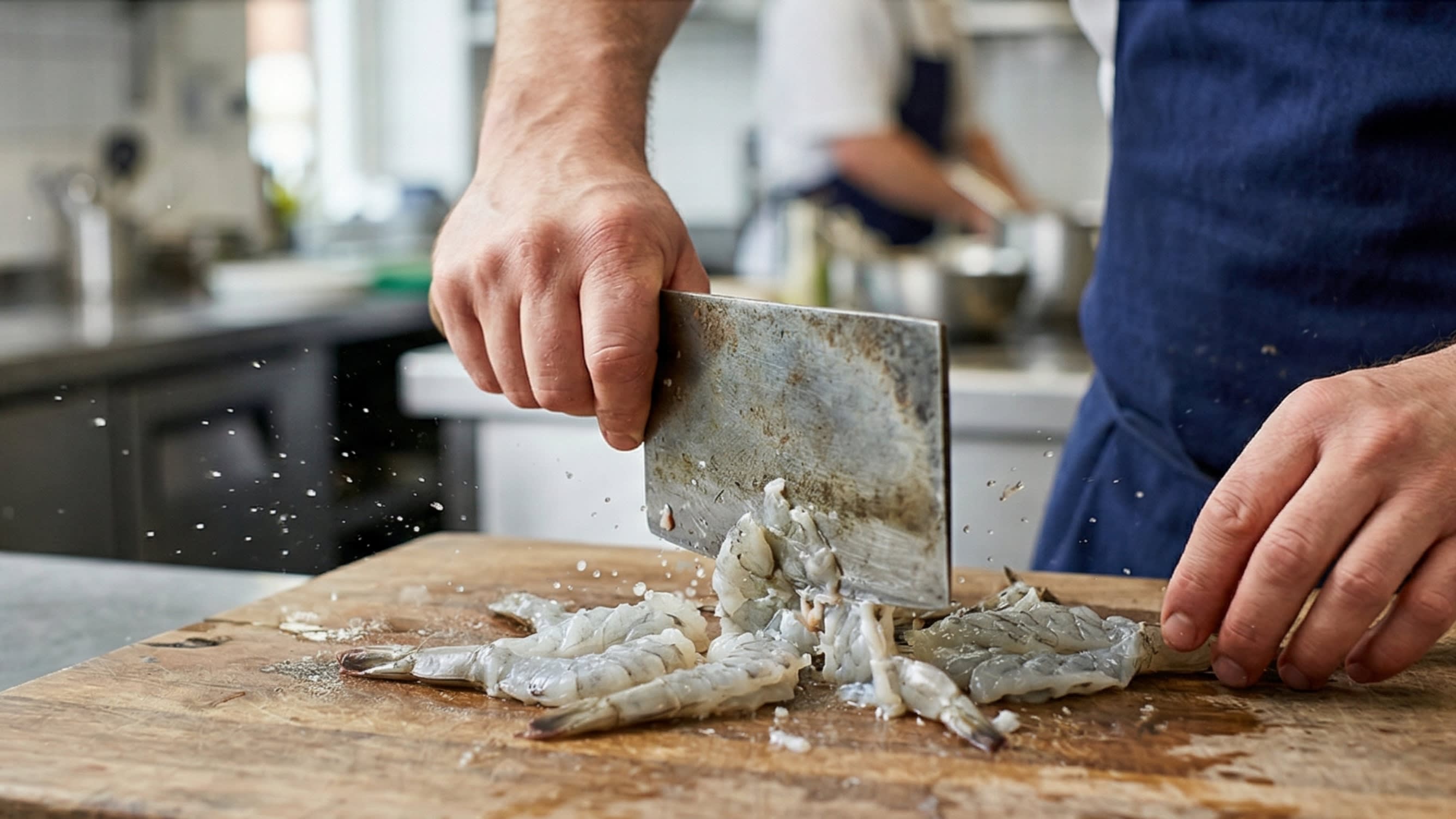 A dynamic close-up action food photography shot focusing on a chef's hands inside a bright kitchen. The chef is using the large, flat side of a traditional Chinese carbon steel cleaver to violently and aggressively smash raw, peeled grey shrimp on a heavy wooden cutting board. The shrimp are flattening out while retaining their texture. High shutter speed, intense action.