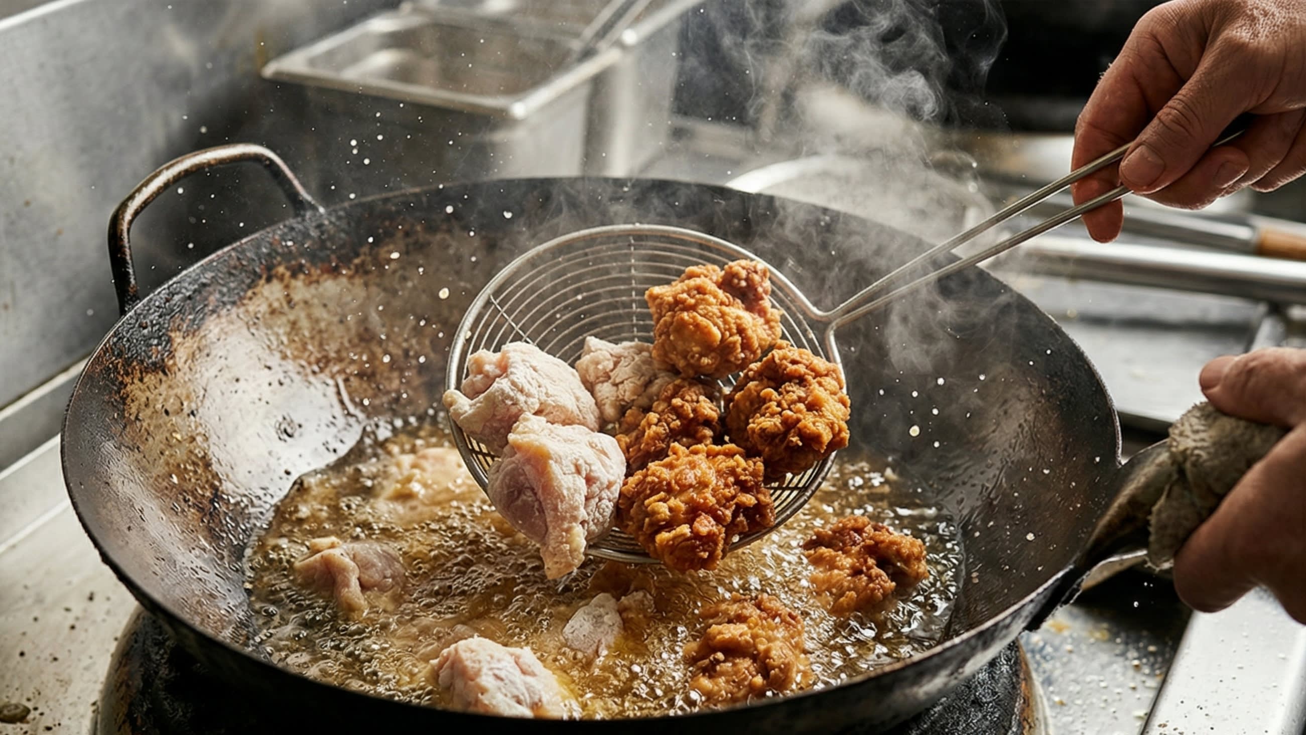 A dynamic close-up action food photography shot looking down into a hot, well-seasoned carbon steel wok. A chef is using a traditional metal Asian spider strainer to deep-fry large, cornstarch-coated chunks of chicken in bubbling, intensely hot cooking oil. The chicken pieces are turning a beautiful, appetizing golden-brown and developing a highly textured, craggy crust. Intense heat, appetizing steam.