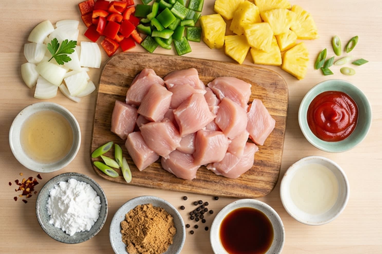 A beautiful flat lay of fresh ingredients on a wooden board: raw boneless chicken breasts cut into large chunks, a vibrant, freshly carved yellow pineapple cut into bite-sized pieces, bright green and red bell peppers, white onion, and small aesthetic ceramic dipping dishes containing ketchup, Chinkiang vinegar, soy sauce, and pure white cornstarch.