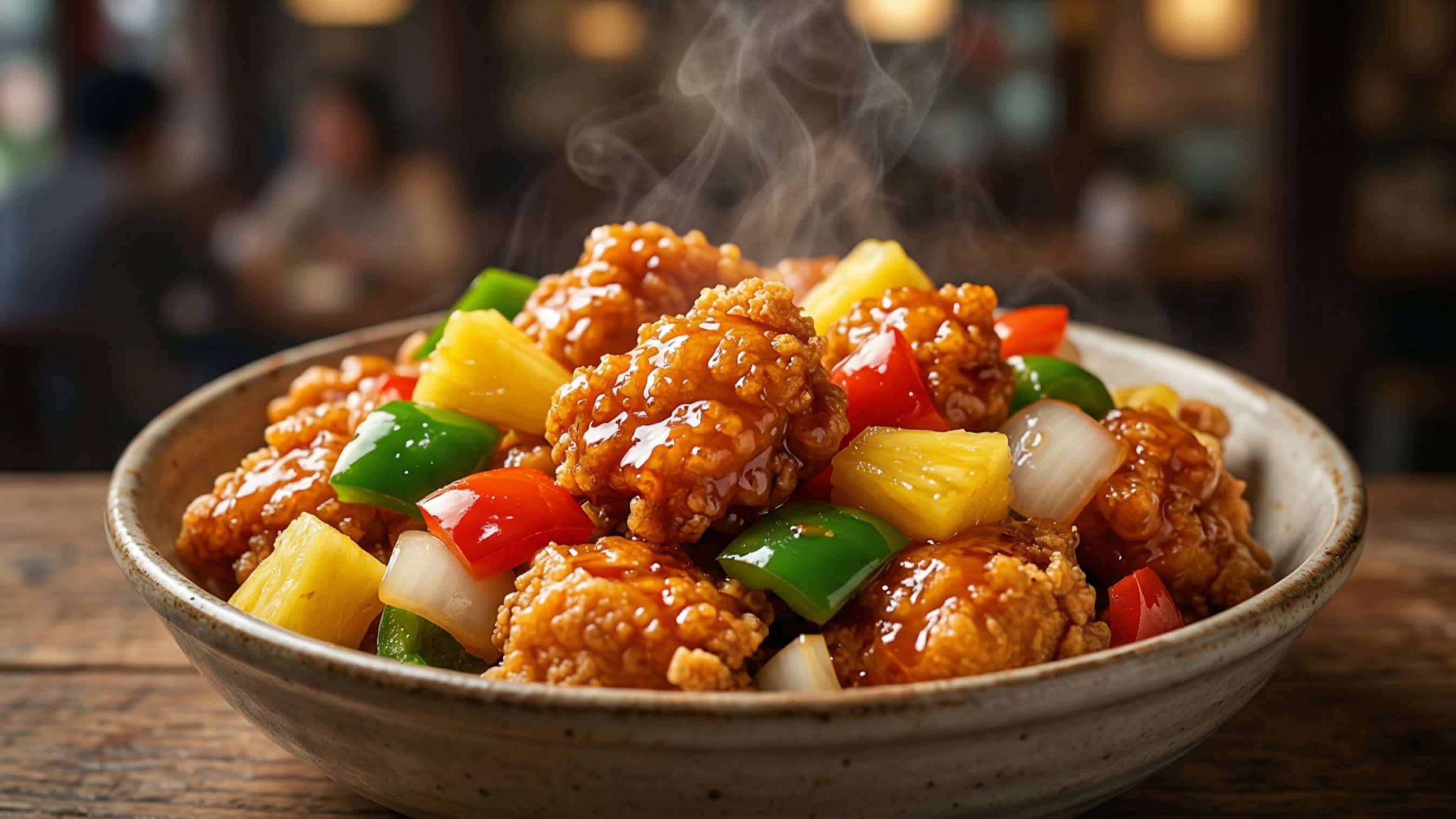A breathtaking, high-definition close-up of a rustic ceramic bowl overflowing with vibrant Chinese Pineapple Chicken. The large, golden-fried chunks of chicken boast a shatteringly crisp, craggy crust. They are perfectly coated in a thick, highly glossy, translucent reddish-orange sweet and sour glaze. The dish is beautifully tossed with bright yellow chunks of fresh pineapple, vibrant emerald-green and red bell peppers, and white onions. Hot, appetizing steam is gently rising in the warm, cinematic lighting.