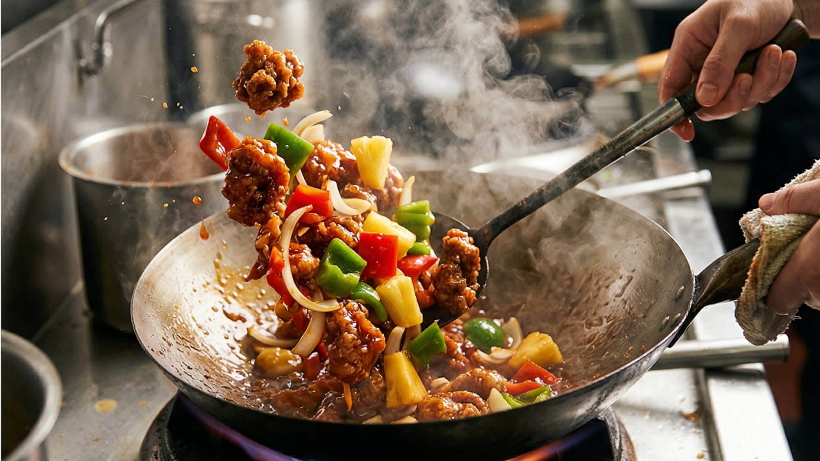A vibrant action food photography shot looking directly down into a hot, traditional carbon steel wok over a bright roaring flame. A chef is aggressively tossing the dark golden, shatteringly crisp chicken chunks with vibrant green and red bell peppers, onions, and bright yellow fresh pineapple. A thick, highly glossy, sticky reddish-orange sweet and sour glaze is perfectly coating the crispy chicken. Hot steam is rising dramatically.