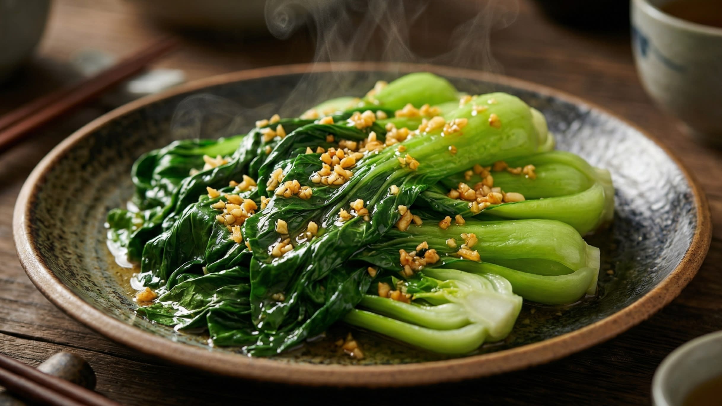 A breathtaking, high-definition close-up of a rustic ceramic plate piled high with vibrant, emerald-green authentic Chinese Garlic Bok Choy. The leaves are perfectly wilted and glossy, while the thick pale-green stems look incredibly crisp and snappy. The vegetables are generously coated in a shimmering, light garlic oil and heavily speckled with golden, fragrant minced garlic. Hot, appetizing steam is gently rising in the warm, cinematic lighting.