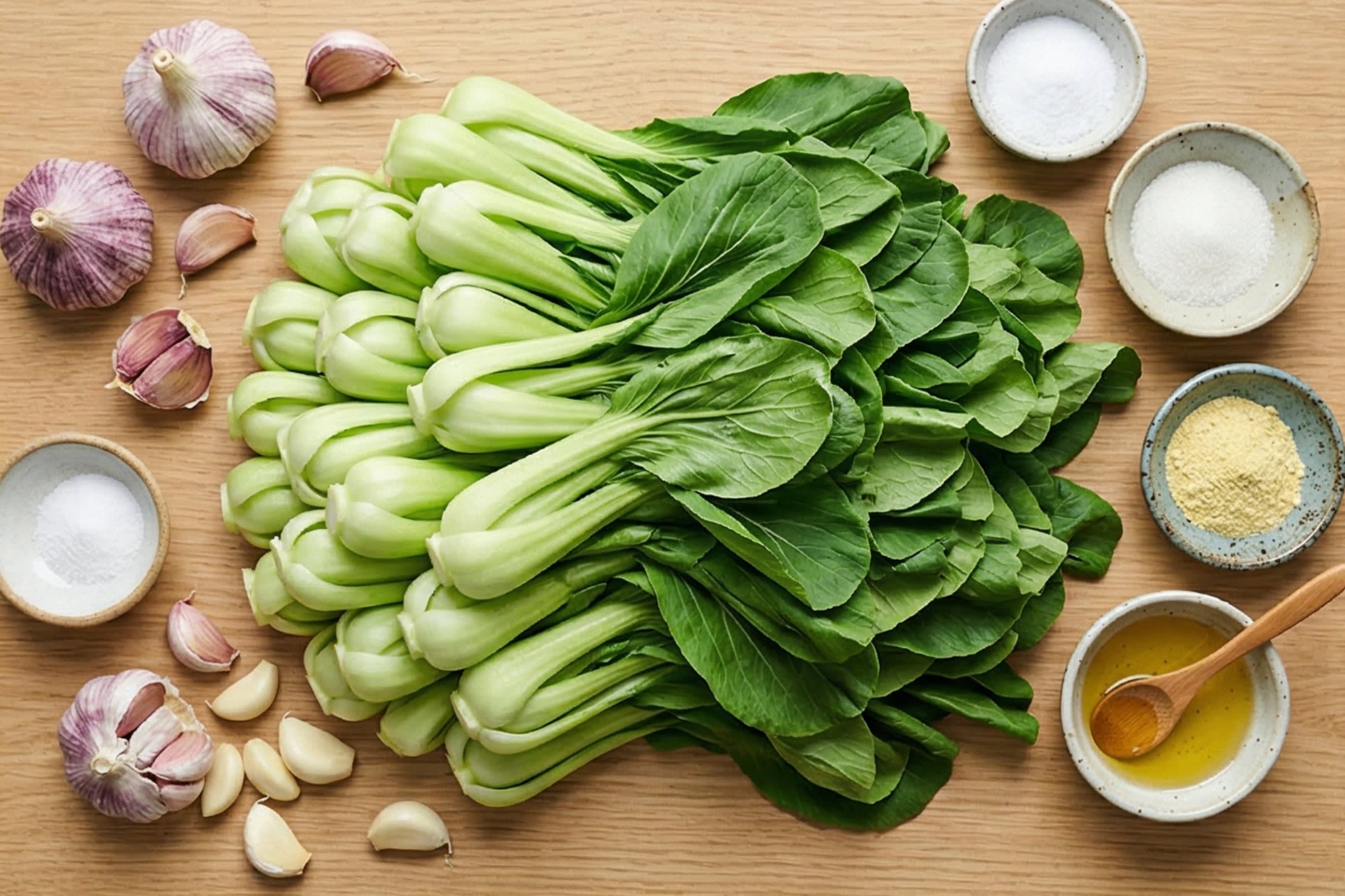 A beautiful flat lay of fresh ingredients on a wooden board: a massive pile of vibrant, fresh Baby Bok Choy, clearly separated into piles of pale, thick stems and dark green leaves. Surrounding them are whole heads of garlic, peeled garlic cloves, and small aesthetic ceramic dipping dishes containing salt, sugar, chicken bouillon powder, and cooking oil.