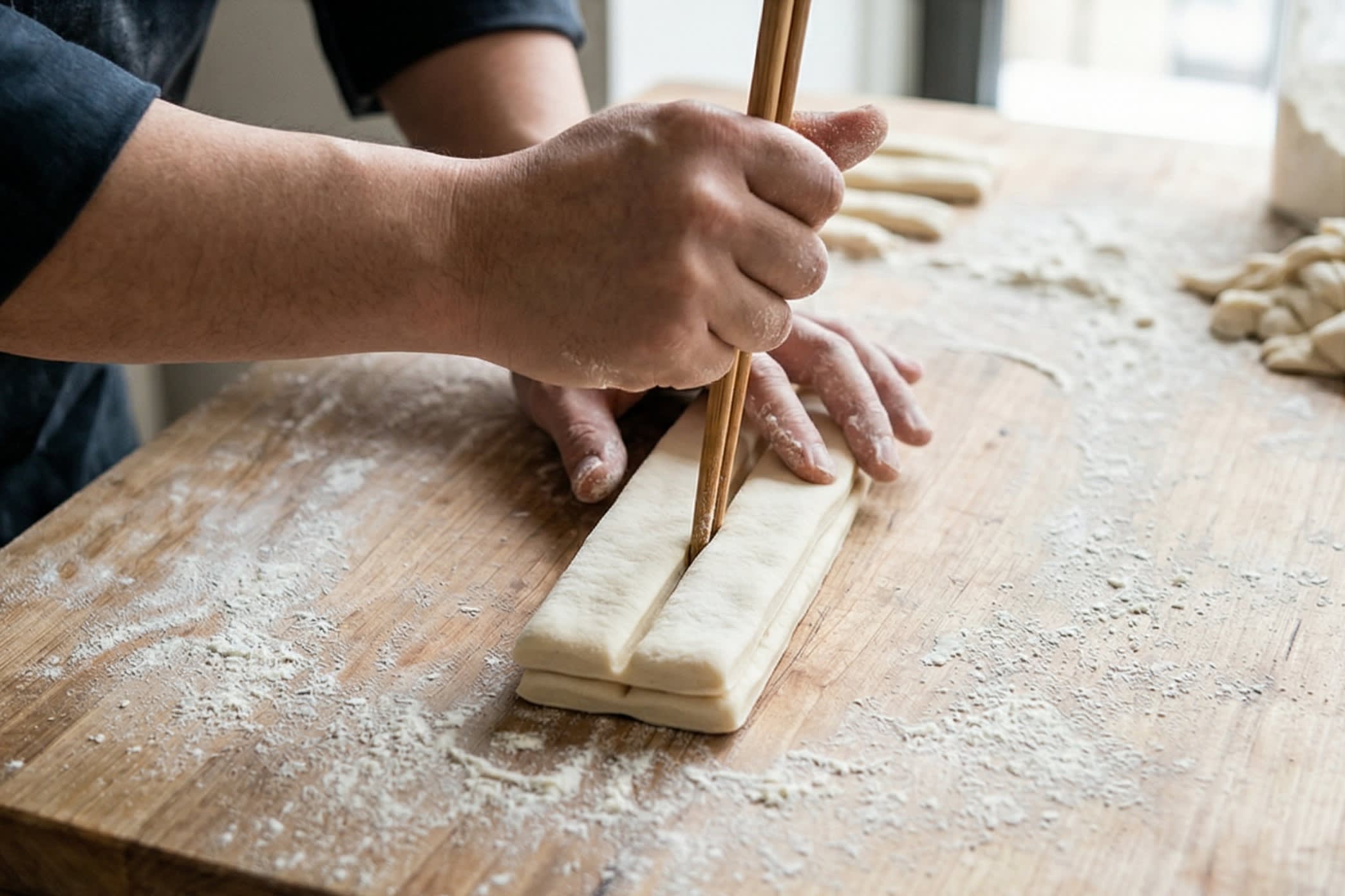 A dynamic close-up action food photography shot looking directly down at a lightly floured wooden cutting board. A chef's hands are demonstrating the crucial Youtiao technique: using a long, round wooden chopstick to firmly press down the center of two stacked strips of raw dough. The press creates a deep groove down the middle, fusing the two layers together.