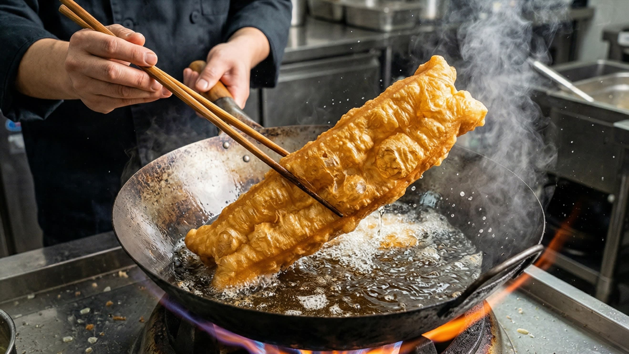 A dynamic action food photography shot looking down into a hot, well-seasoned carbon steel wok. A chef is using long wooden cooking chopsticks to flip a massive, wildly puffed up, bright golden-brown Youtiao floating in intensely bubbling, hot cooking oil. The sheer volume and expansion of the fried dough are visually striking. High shutter speed.