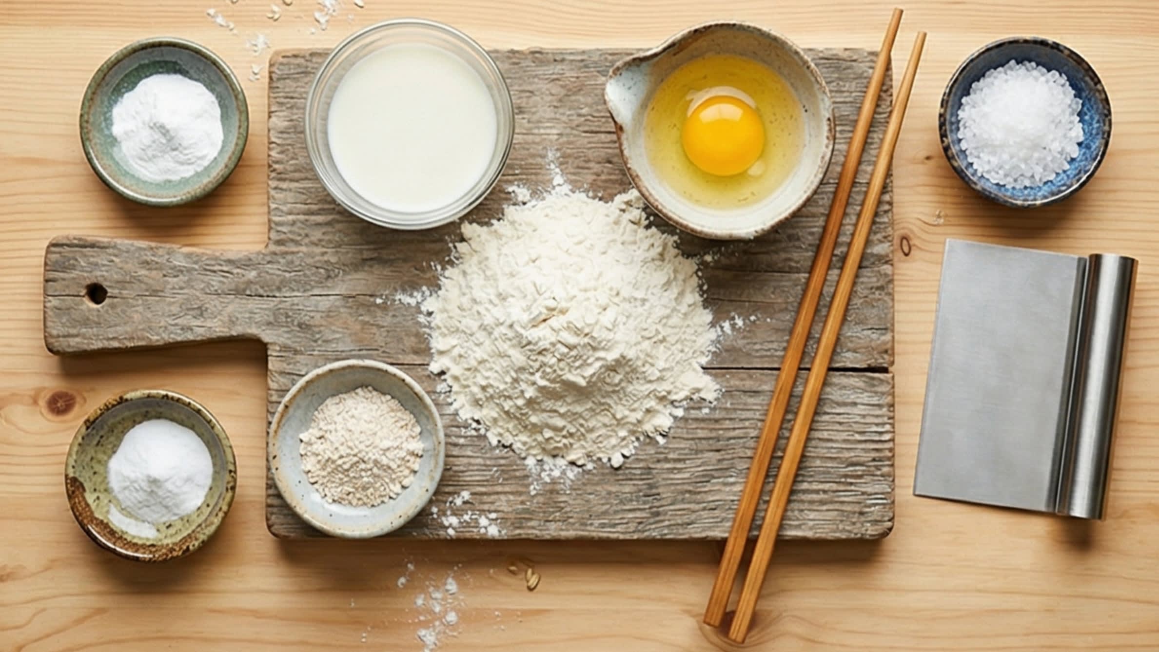 A beautiful flat lay of fresh ingredients on a wooden board: a mound of unbleached all-purpose flour, a small bowl of milk, a raw egg, and small aesthetic ceramic dipping dishes containing pure white baking powder, baking soda, and salt. A pair of long wooden cooking chopsticks rests next to a rolling pin.