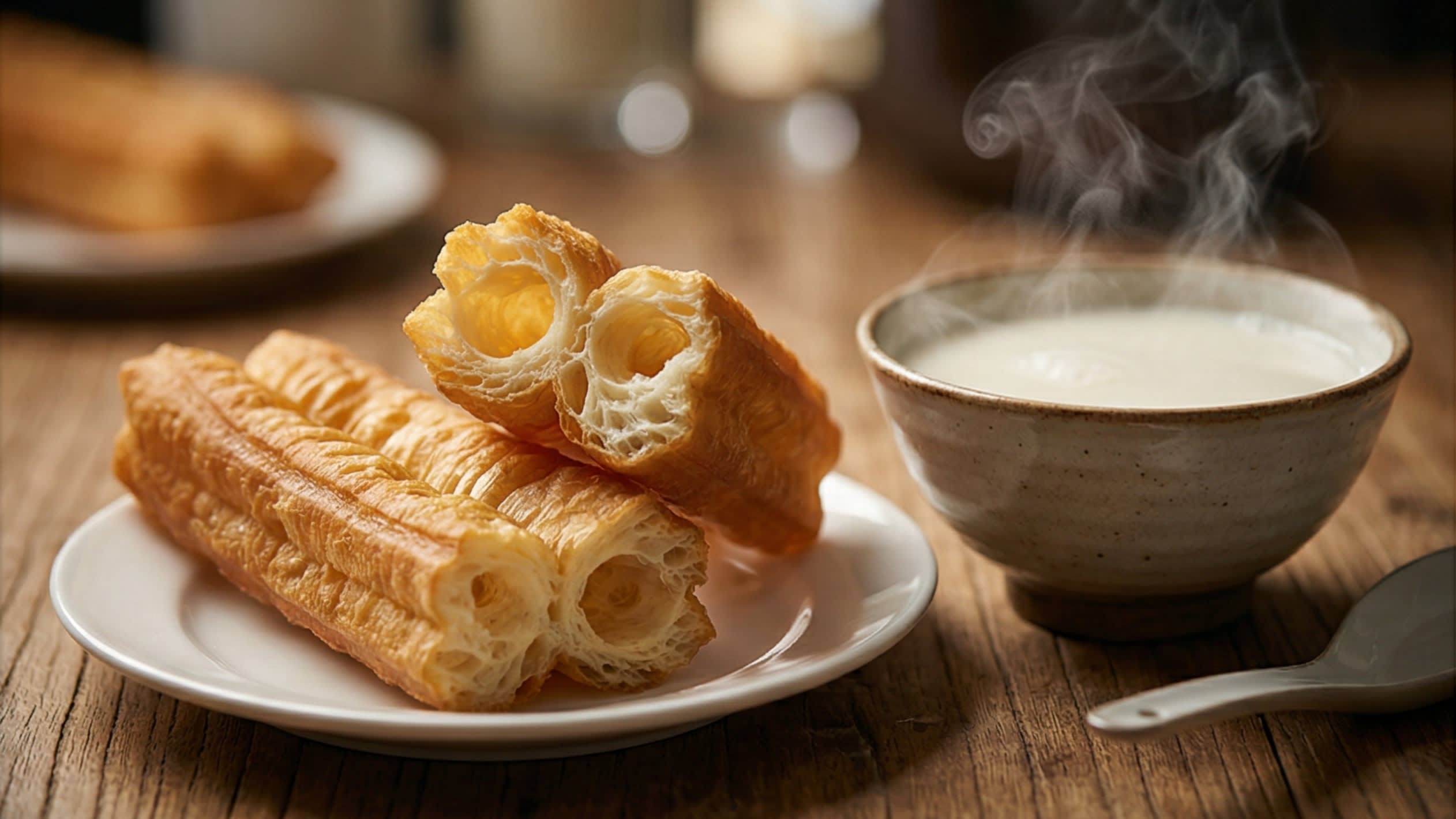 A breathtaking, high-definition close-up of a rustic wooden table featuring a perfect Chinese breakfast. Two massive, beautifully golden-brown Youtiao (Chinese Crullers) are resting on a ceramic plate. One Youtiao is torn in half, revealing a breathtakingly airy, light interior with massive hollow pockets. Next to the plate sits a steaming bowl of fresh, creamy white soy milk. Hot, appetizing steam is gently rising in the warm, cinematic morning lighting.