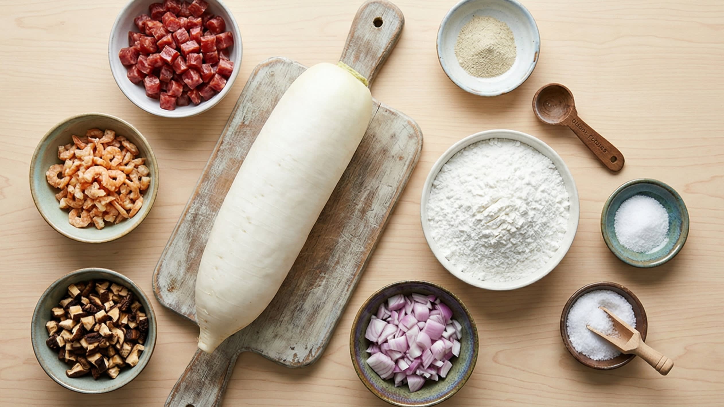 A beautiful flat lay of fresh ingredients on a wooden board: a massive, pure white Daikon radish (Bai Luobo), a mound of pure white regular Rice Flour, and small aesthetic ceramic bowls containing finely diced deep red Chinese sausage (Lap Cheong), soaked dried shrimp, soaked and diced dried shiitake mushrooms, chopped shallots, salt, white pepper, and sugar.