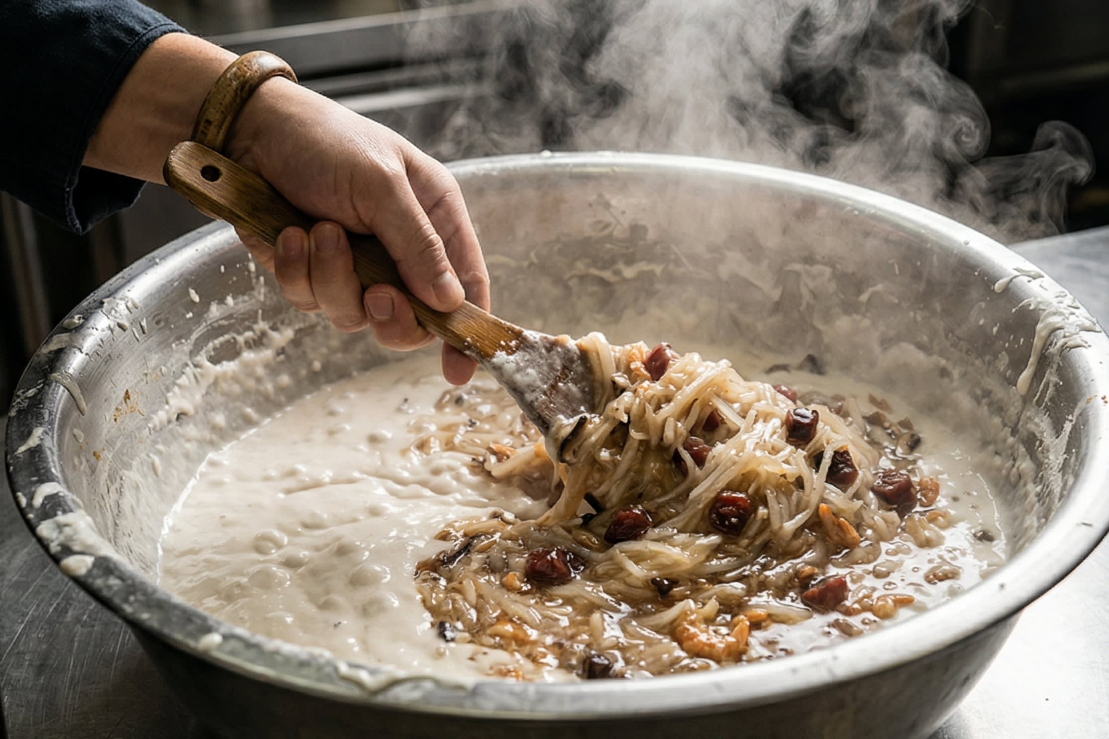 A dynamic close-up action food photography shot focusing on a large stainless steel mixing bowl. A chef is using a wooden spatula to vigorously fold a steaming hot mixture of shredded translucent radish, diced dark Chinese sausage, and mushrooms into a thick, sticky, milky-white rice flour batter. Thick plumes of appetizing steam are rising from the hot mixture.