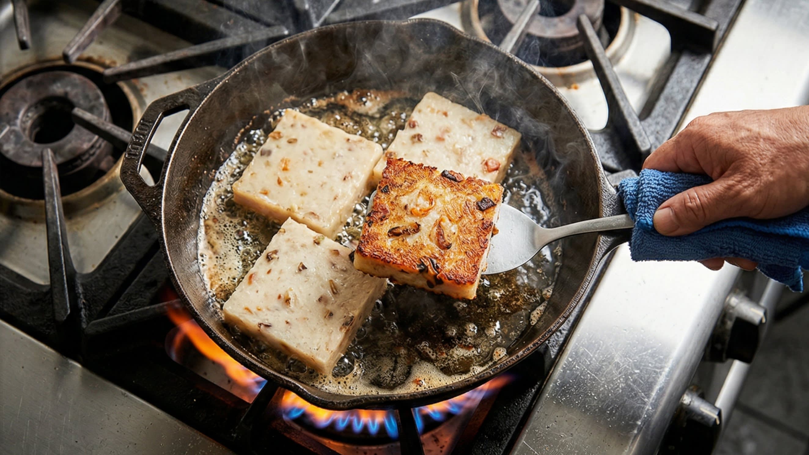A vibrant action food photography shot looking directly down into a hot, well-seasoned cast-iron skillet. A chef is using a flat metal spatula to carefully flip thick, square slices of Turnip Cake. The bottom side, now facing up, reveals a breathtaking, flawlessly even, deep golden-brown and highly textured crispy crust. The hot cooking oil is bubbling and sizzling around the edges of the cake slices.