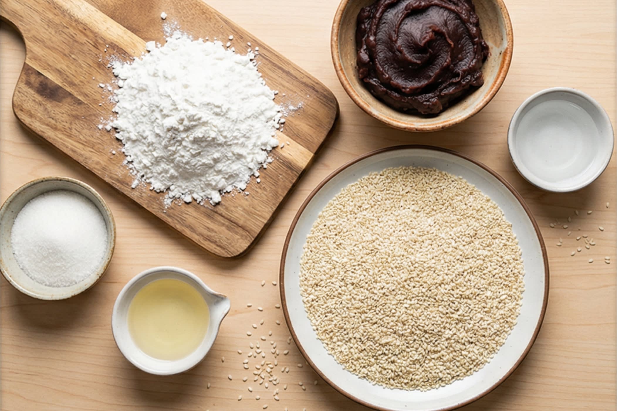 A beautiful flat lay of fresh ingredients on a wooden board: a mound of pristine white Glutinous Rice Flour (Mochiko), a rustic bowl of dark, glossy sweet Red Bean Paste (Hong Dou Sha), a large plate filled with un-toasted white sesame seeds, white granulated sugar, and small aesthetic ceramic dipping dishes containing clear cooking oil.
