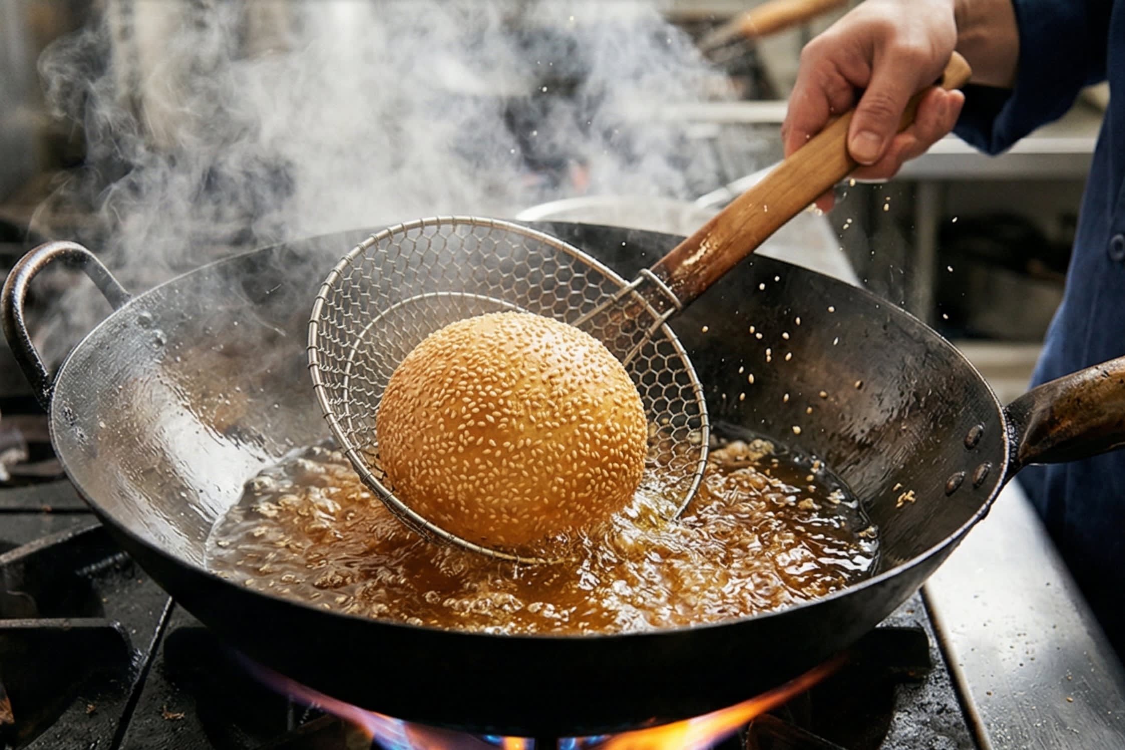 A dynamic close-up action food photography shot looking down into a hot, well-seasoned carbon steel wok. A chef is using a traditional metal Asian spider strainer to gently press a floating, expanding, golden-brown sesame ball down into the bubbling hot cooking oil. The ball is visibly puffed up and massive. High shutter speed, photorealistic, cooking documentary style.
