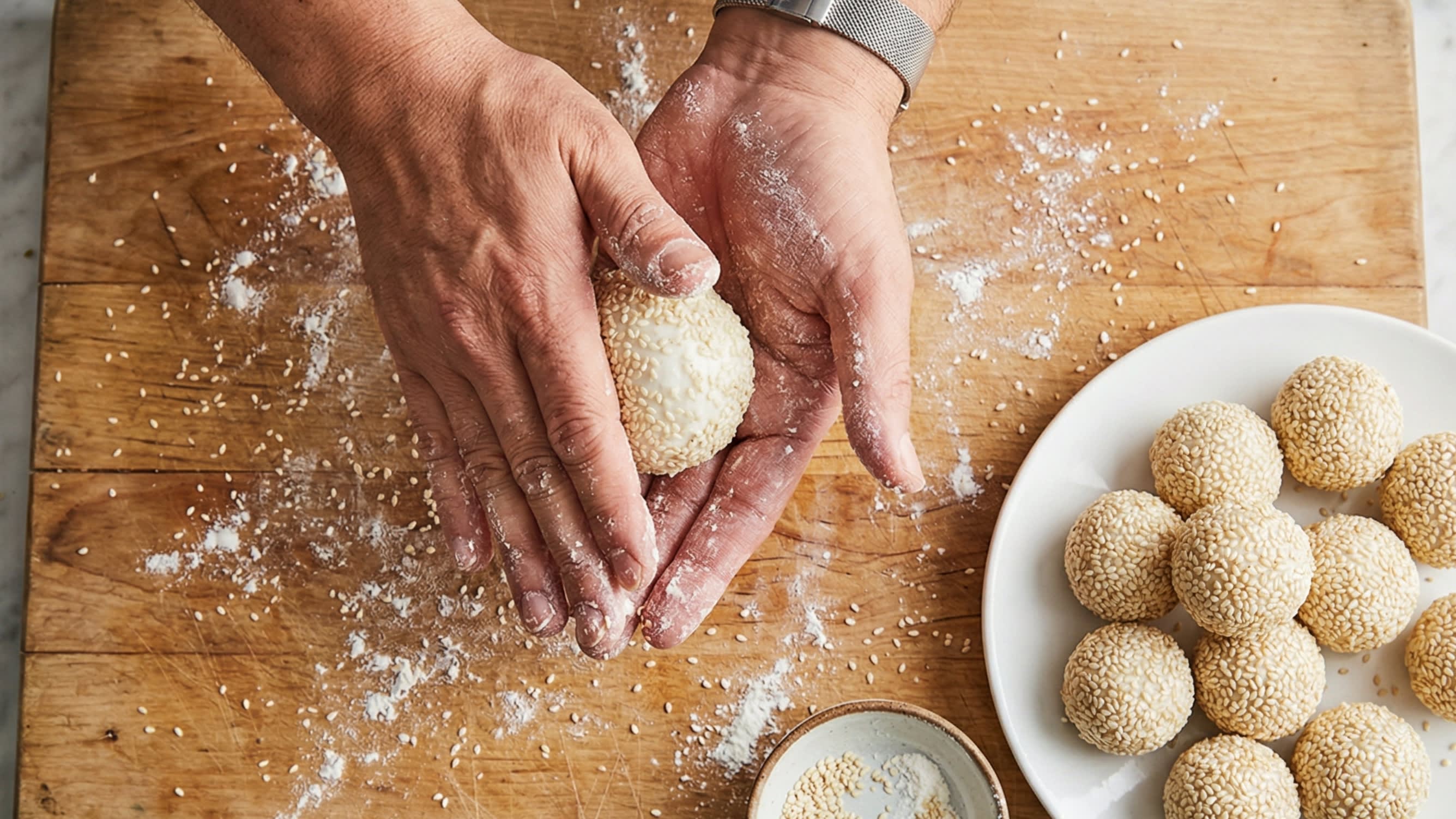 A vibrant action food photography shot looking directly down at a wooden cutting board. A chef is firmly rolling a raw ball of dough, heavily coated in white sesame seeds, between the palms of their hands. The seeds are visibly pressing into the dough, embedding tightly. A plate of raw sesame balls sits nearby.